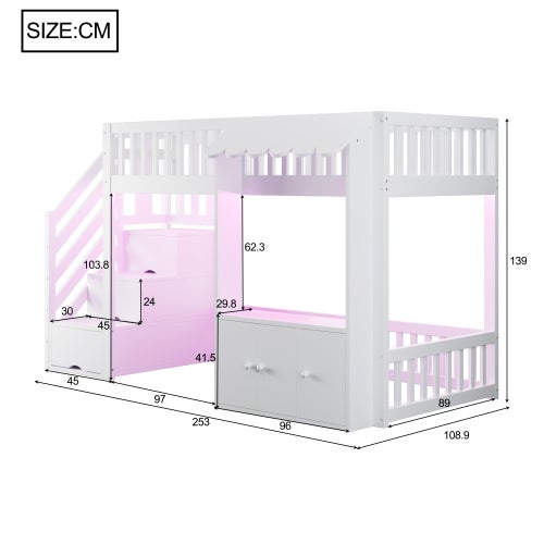 Lit superposé Enfant 90X200 avec armoire et LED, Lit mezzanine avec escalier de rangement et sommier à lattes, Blanc(Sans Matelas) - 6