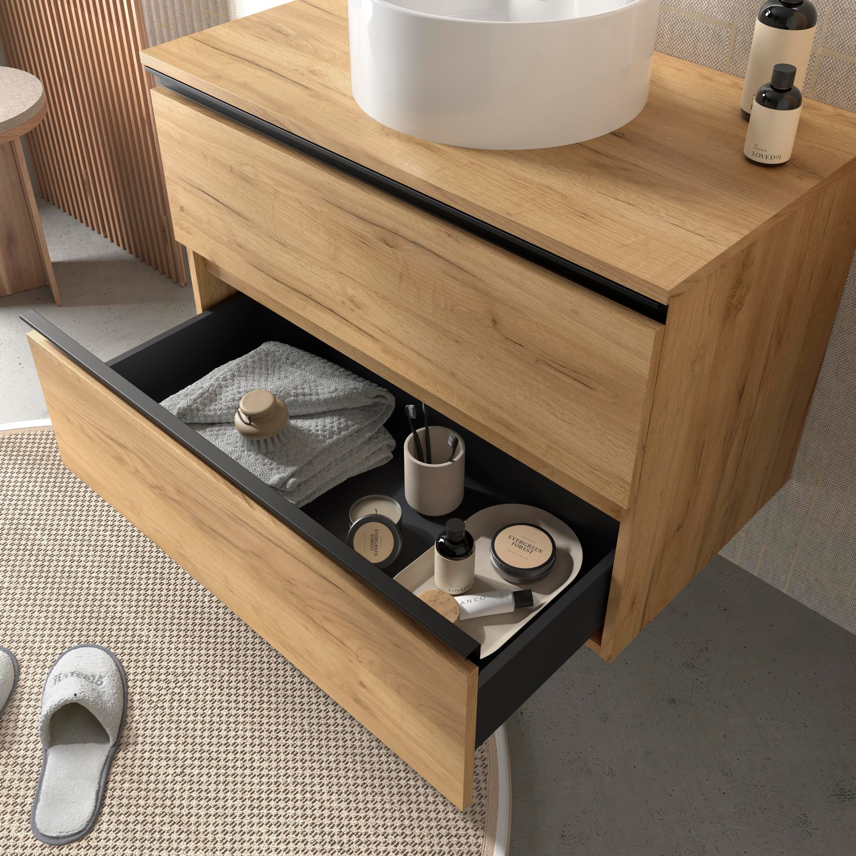 Meuble de salle de bain BEQUIA METAL 100cm Chêne | Avec plan toilette (vasque non incluse) - 2