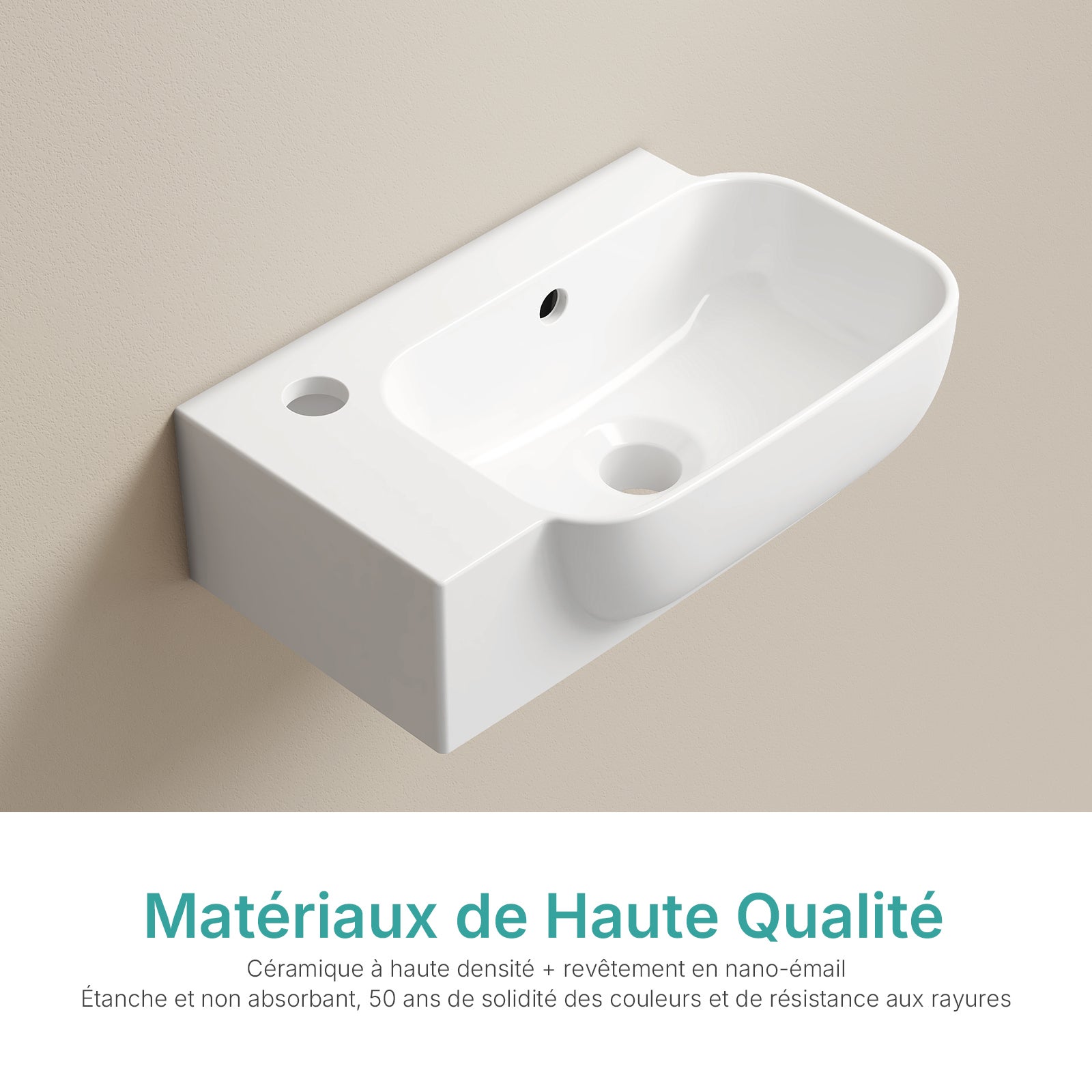 EMKE Lavabo mural rectangulaire en céramique 40 x 25 x 14 cm, trou de robinet à gauche, avec trop-plein, blanc brillant - 3