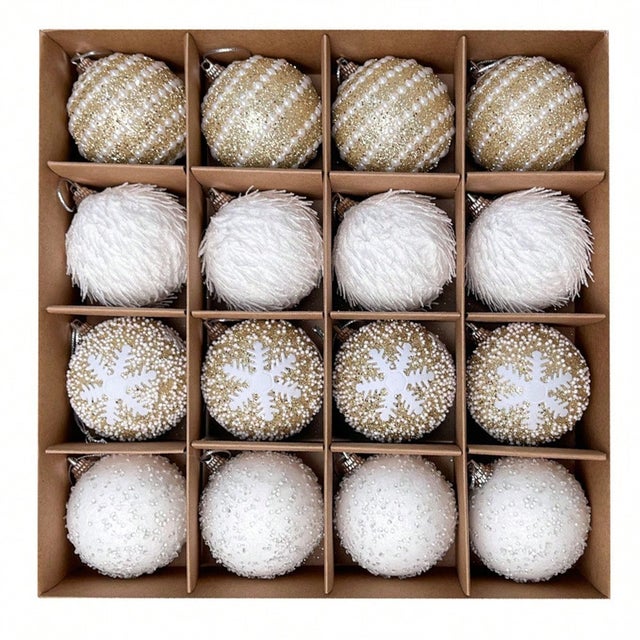 Lot de 16 boules de Noël mousse entourée champagne et blanc 6 cm incassable coffret cadeau décorations sapin de Noël
