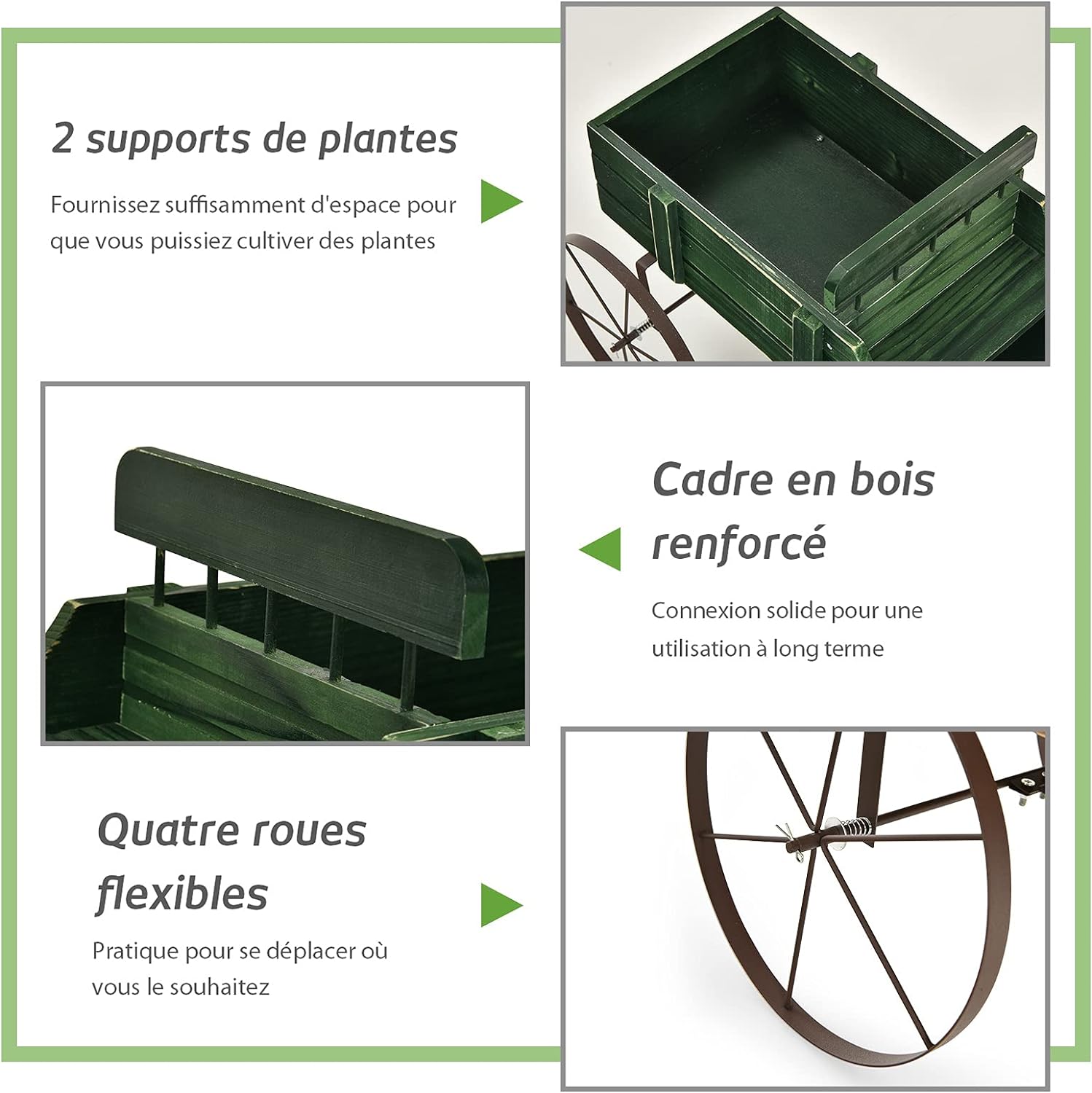 Brouette décorative en bois avec 2 compartiments à planter roues poignée charge 15kg vert - 4