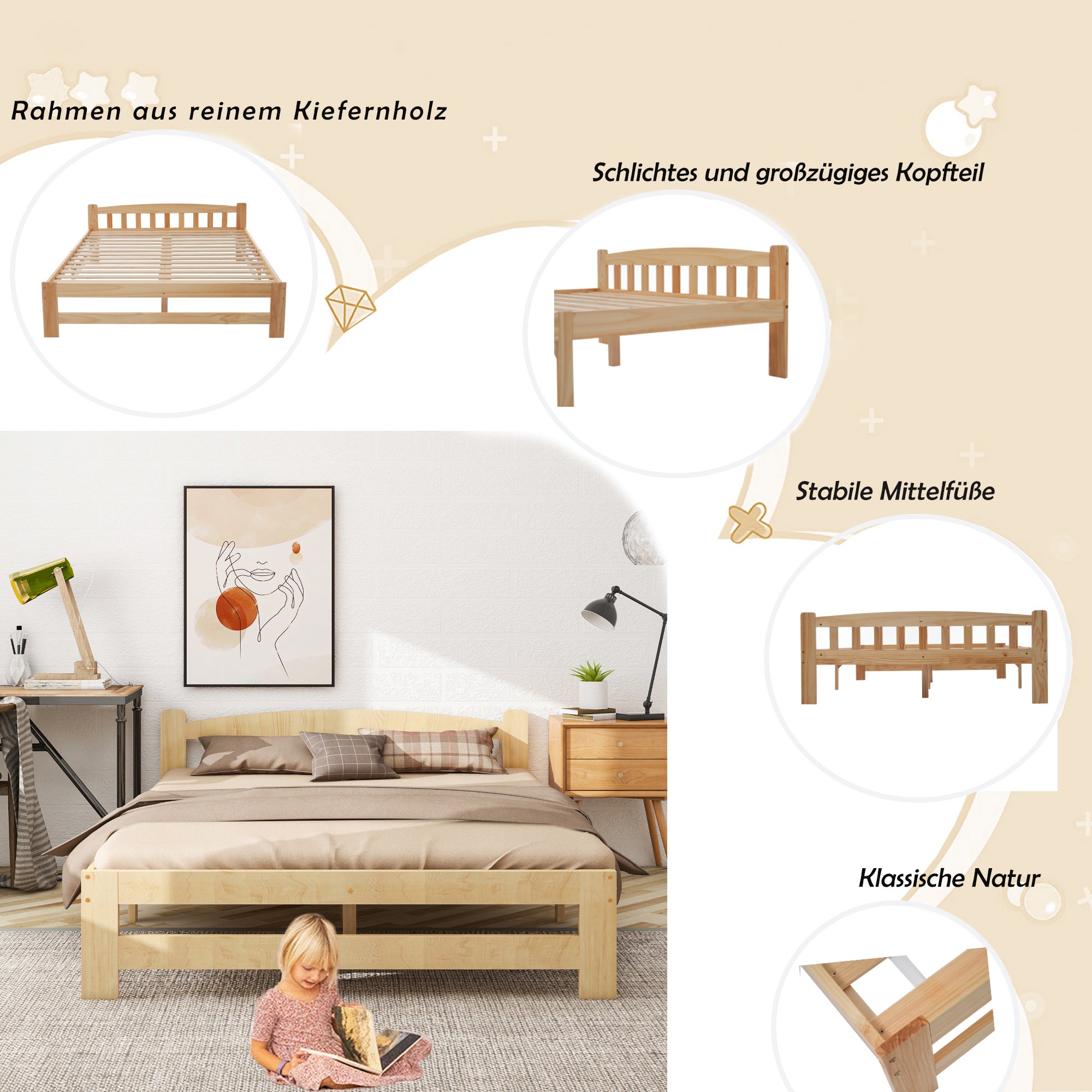 Łóżko z solidnego drewna 140x200 cm - Głowa łóżka i podsprężyna z listewkami - Sosna naturalna - Środkowe nogi dla stabilności - Czaseless design - 4