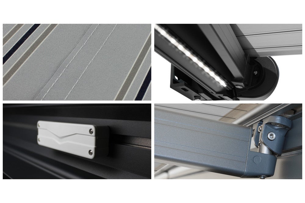 Store banne Coffre intégral PROTECT 2 LED SMART Gris Anthracite 6x3,5m Motorisé à télécommande + Capteur Vent + Eclairage LED - Toile Grise Rayée - 4