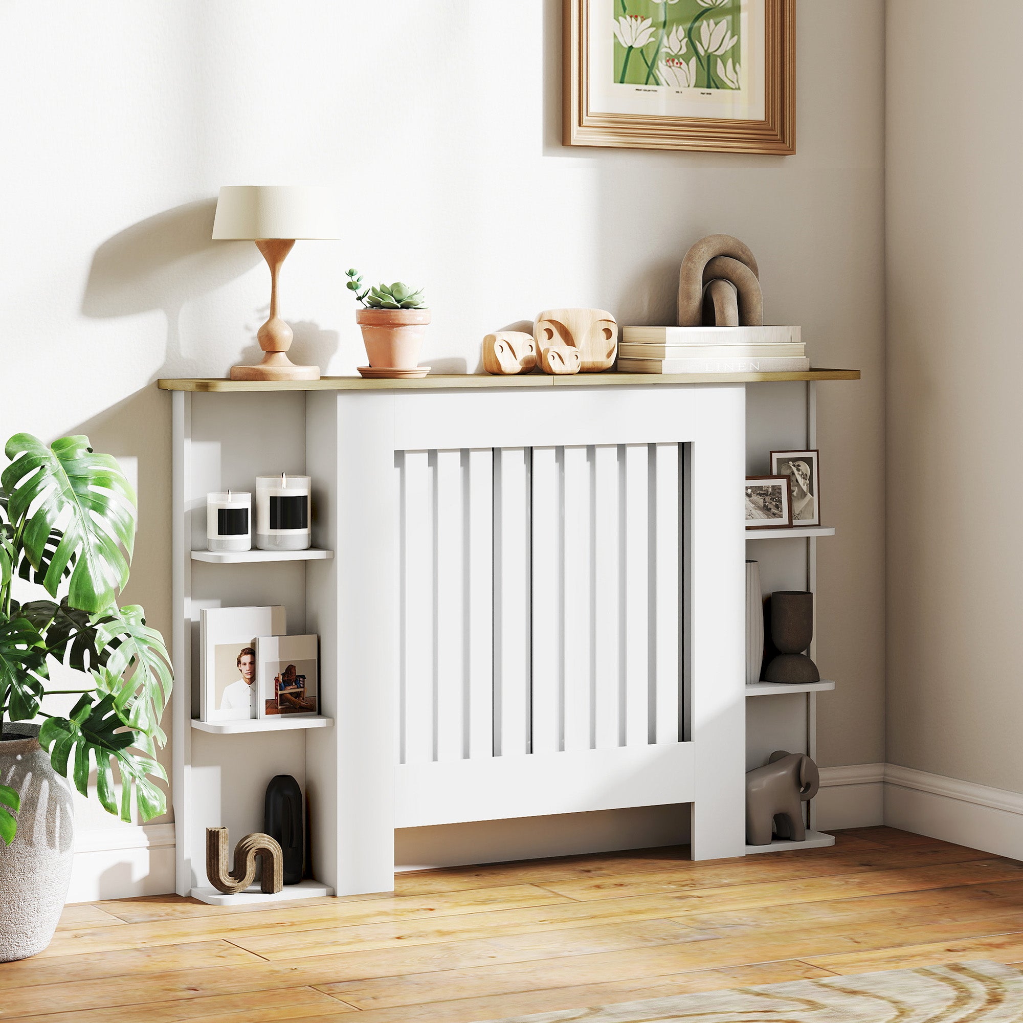 Cache-radiateur à lattes avec étagères ouvertes 124x19x83 cm, blanc ...