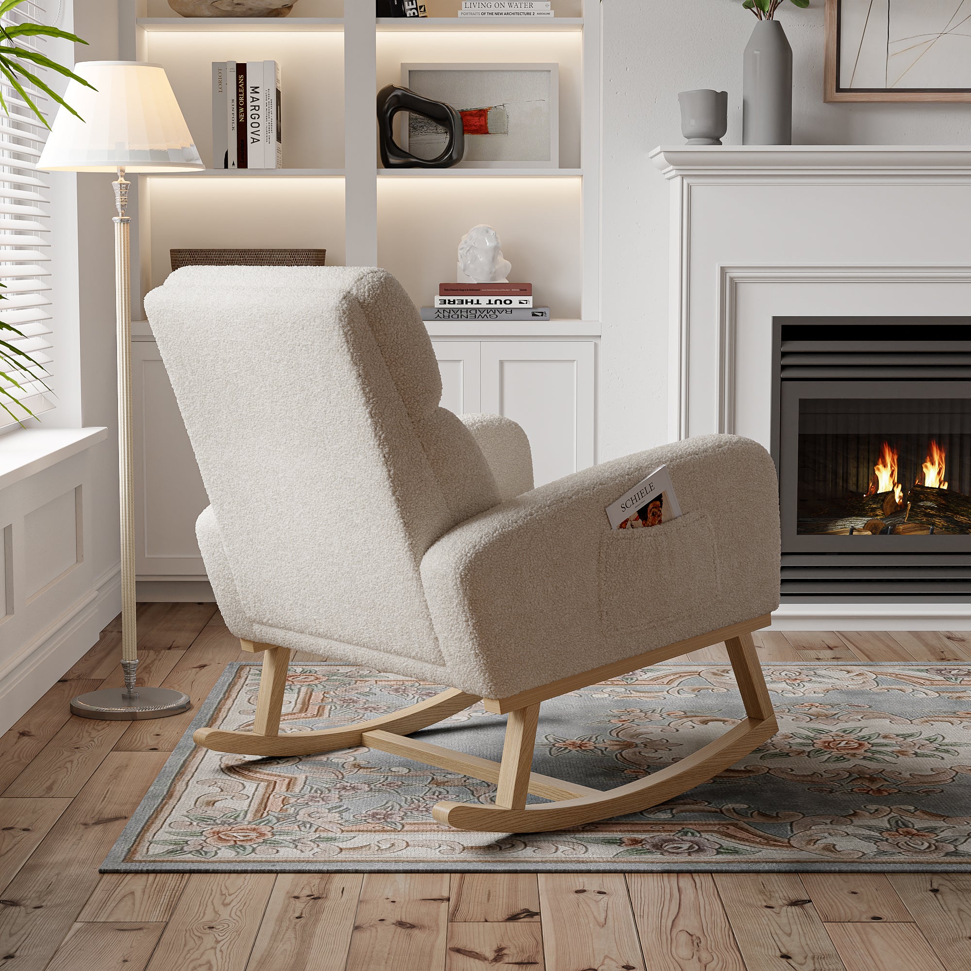 Fauteuil a Bascule, Chaise a Bascule Allaitement avec Poches Latérales et Base en Bois, Fauteuil Rocking Chair interieur extérieur pour Chambre, Beige - 3