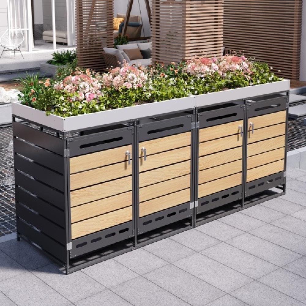 Set de 4 cubrecontenedores con jardinera, paneles madera vertical, ventilación, armario metálico con llave