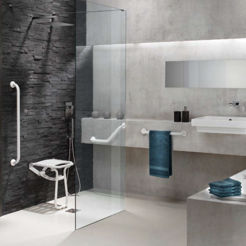 Siège de douche PMR PELLET Essentiel confort escamotable avec pied aluminium époxy blanc lattes blanches - 2