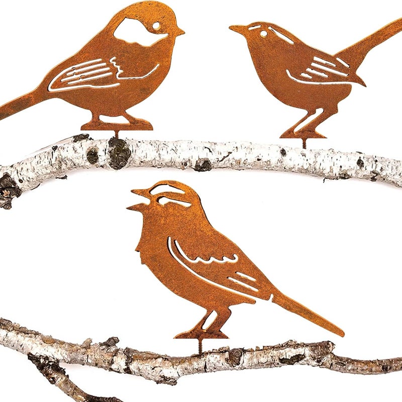 Dekoracja ogrodowa Rusty Birds na drzewo, naturalna patyna rdzy, dekoracja do ogrodu w stylu retro, sikora, strzyżyk, wróbel domowy