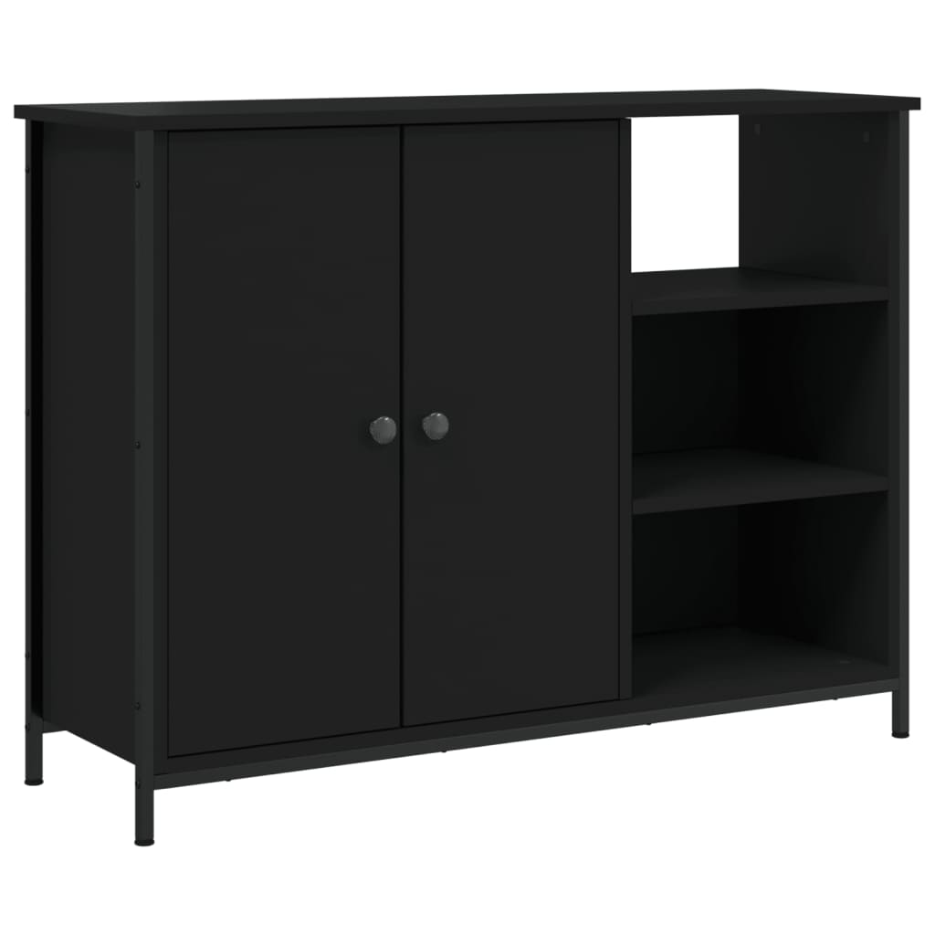 Credenza a righe in legno ingegnerizzato e massiccio, acciaio