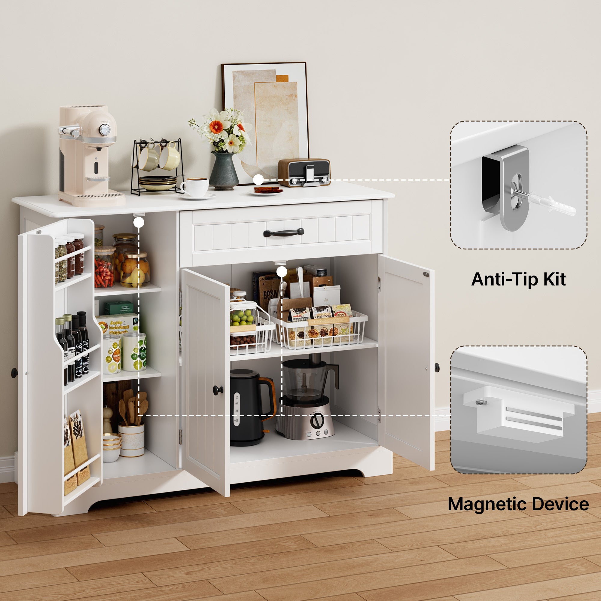 Buffet de Cuisine 3 Portes 1 Tiroir 105 x 40 x 84.5 cm Blanc Bealife - 4