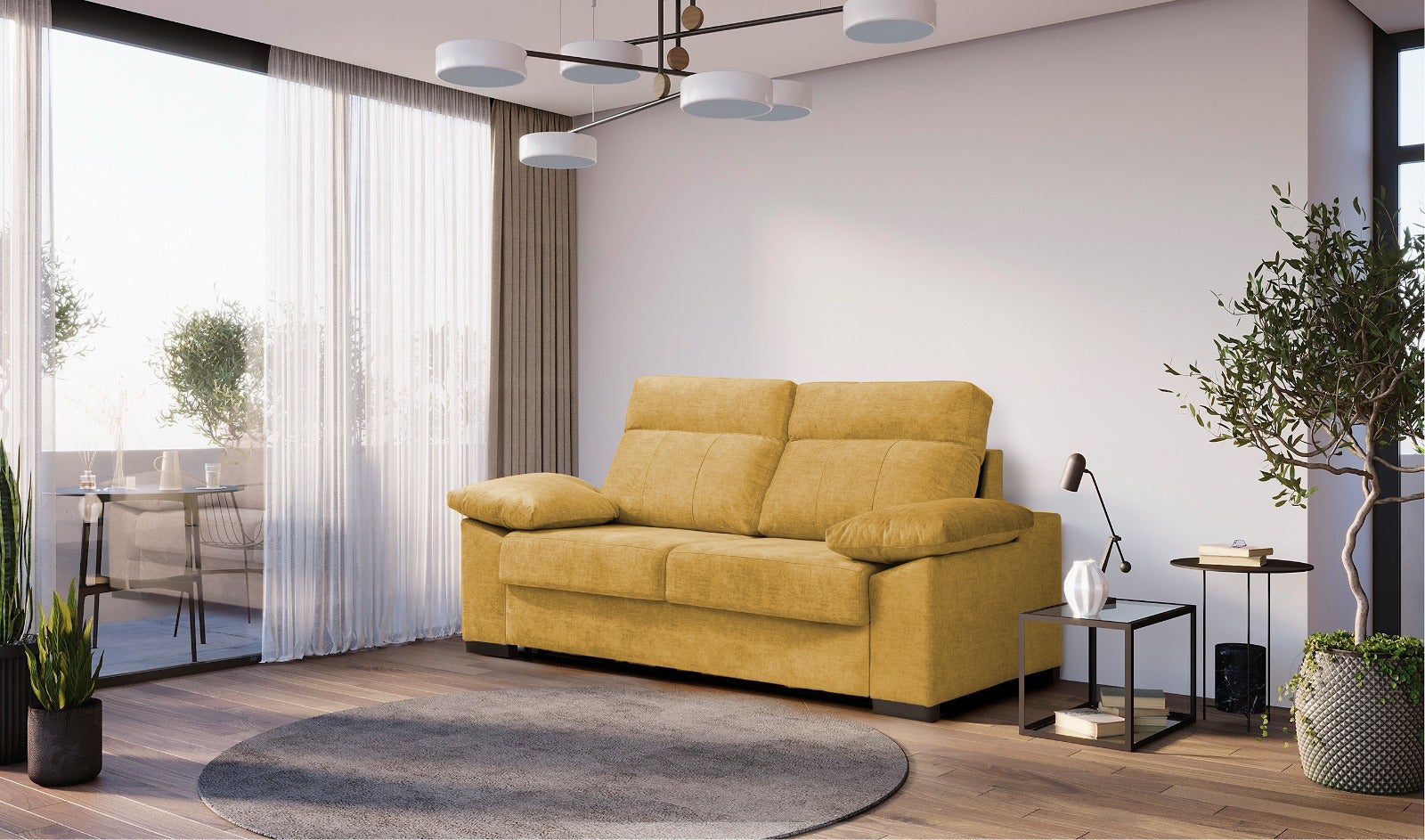 Sofa cama 3 plazas con colchón 140x190 | sistema apertura italiana | color tapizado mostaza