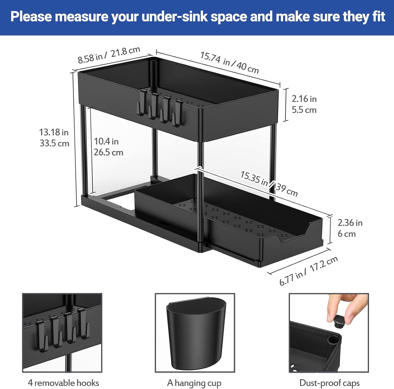 Mueble de almacenamiento bajo fregadero de 2 niveles con cajones deslizantes, organizador polivalente para cocina y baño – Negro - 5