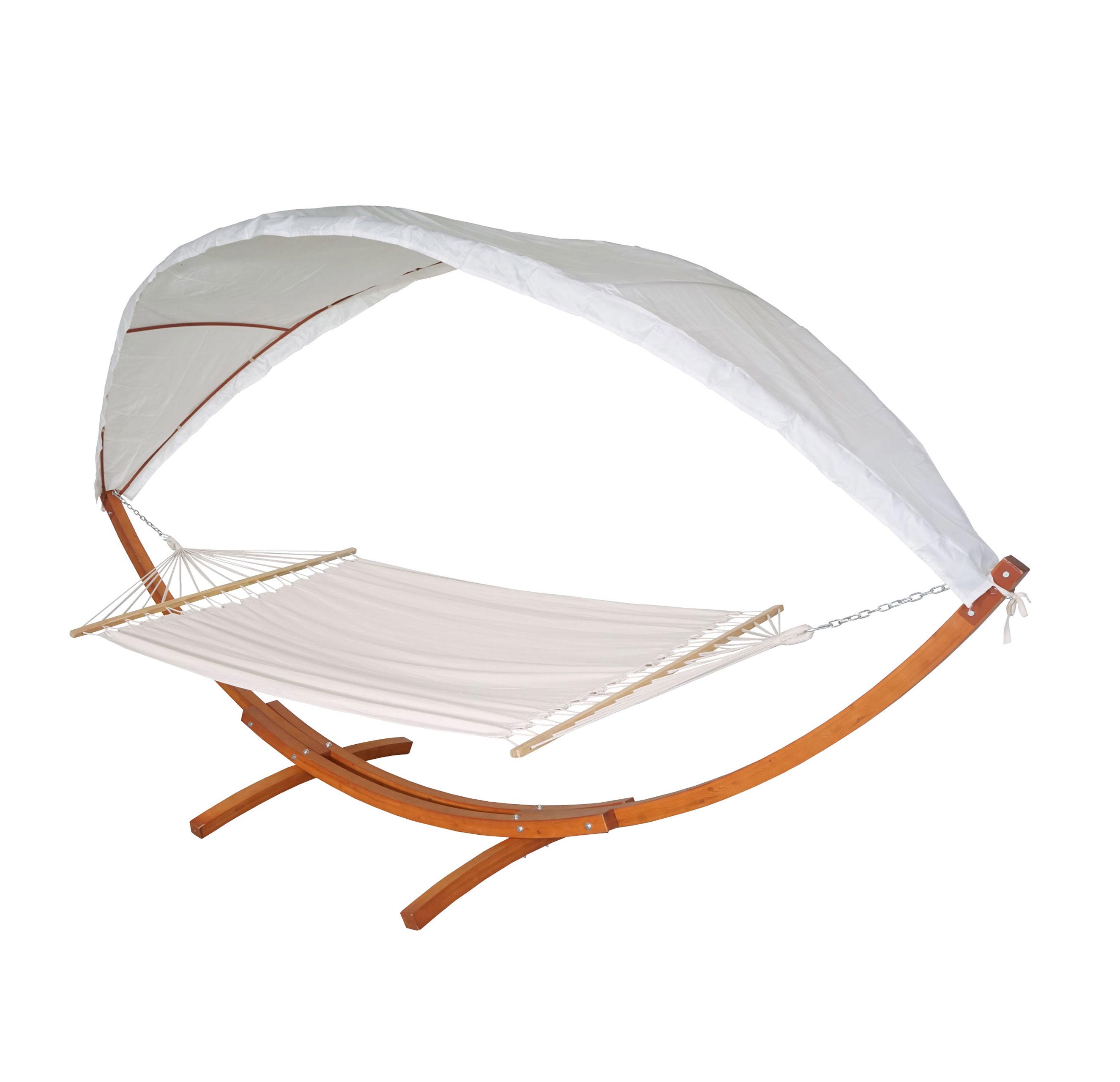 Hamak HWC-J47, huśtawka wisząca do 200kg daszek przeciwsłoneczny MVG drewniany stelaż 420cm 2 osoby ~ brązowy, kremowo-biały