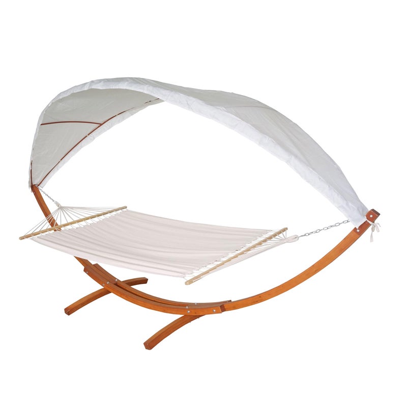 Hamak HWC-J47, huśtawka wisząca do 200kg daszek przeciwsłoneczny MVG drewniany stelaż 420cm 2 osoby ~ brązowy, kremowo-biały
