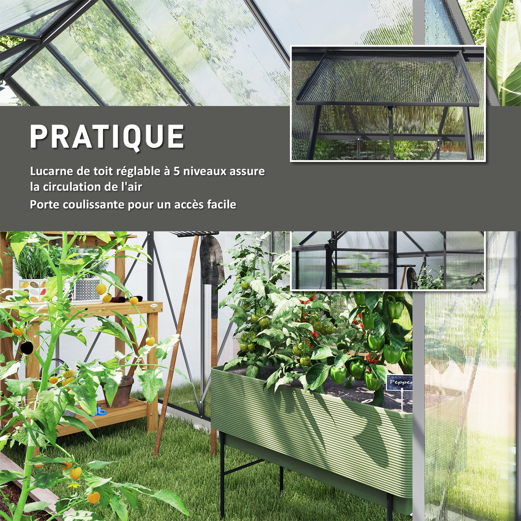 Serre de jardin - Outsunny - 4,8 m² - avec fondation lucarne réglable porte coulissante - polycarbonate 1,9x2,53x1,99m transparent - 5