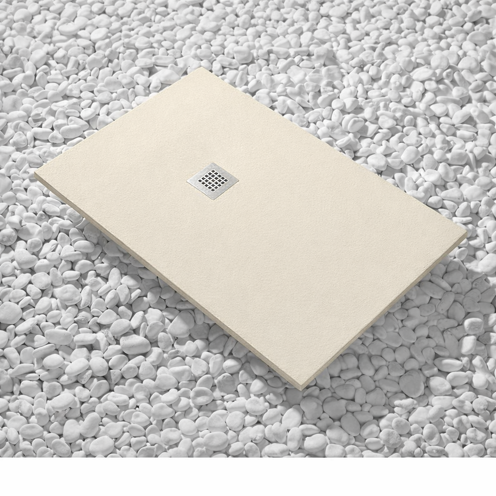 Brodzik prysznicowy Vulcano Line Slim 115x115 cm, kolor jasny kość słoniowa RAL 1015, z żywicy syntetycznej i proszku marmurowego, z wolnym odpływem