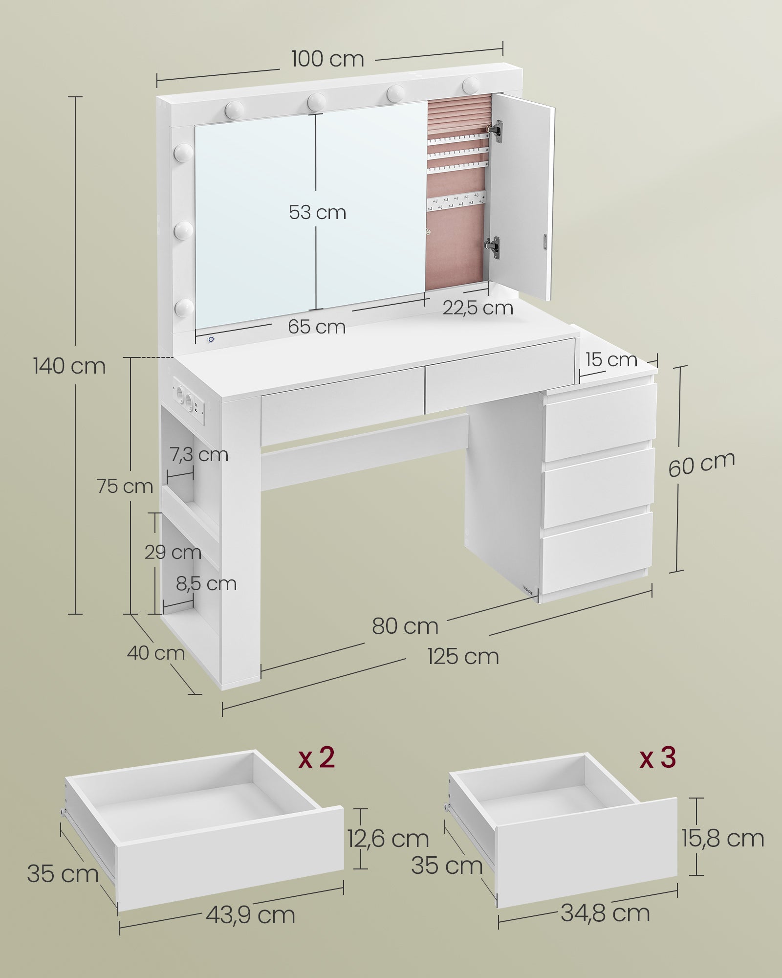 Coiffeuse, Table de Maquillage avec Tiroir, avec Éclairage LED et Miroir, Armoire à Bijoux, Multiprise, 40 x 125 x 140 cm, Blanc Nuage - 5