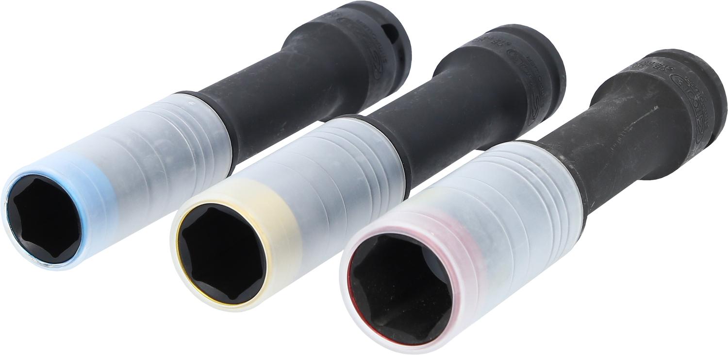 KS Tools 515.0622 Serie di bussole per avvitatori ad impulsi per cerchi in lega, Slim POWER, extra lunghe, 3 pz, 1/2", 17, 19, 21mm