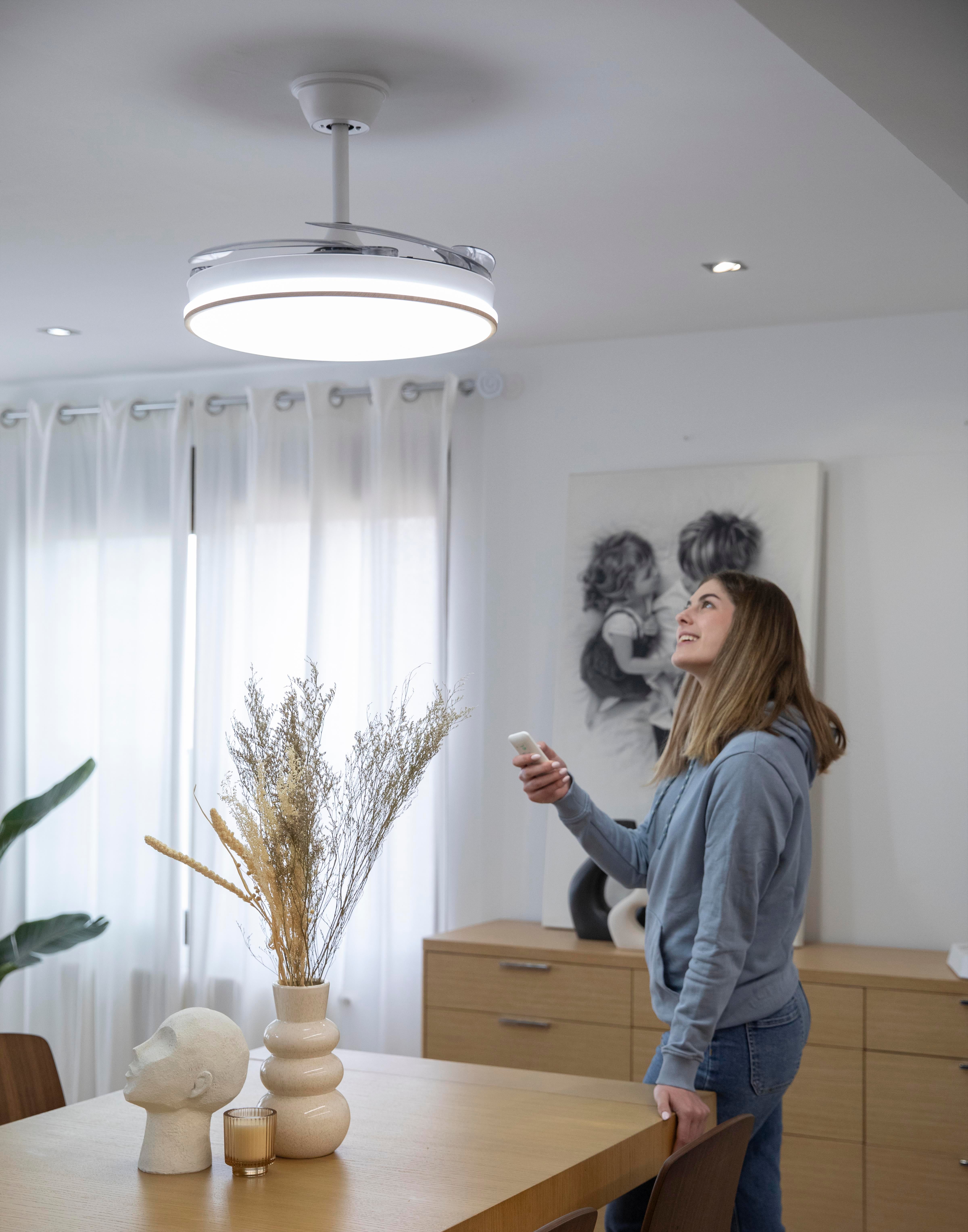 DUPI Ventilador de Techo con Luz LED COSMOS | Motor DC Silencioso | Función Verano e Invierno | 6 Velocidades | Aspas Retráctiles | Blanco-Taupe - 10