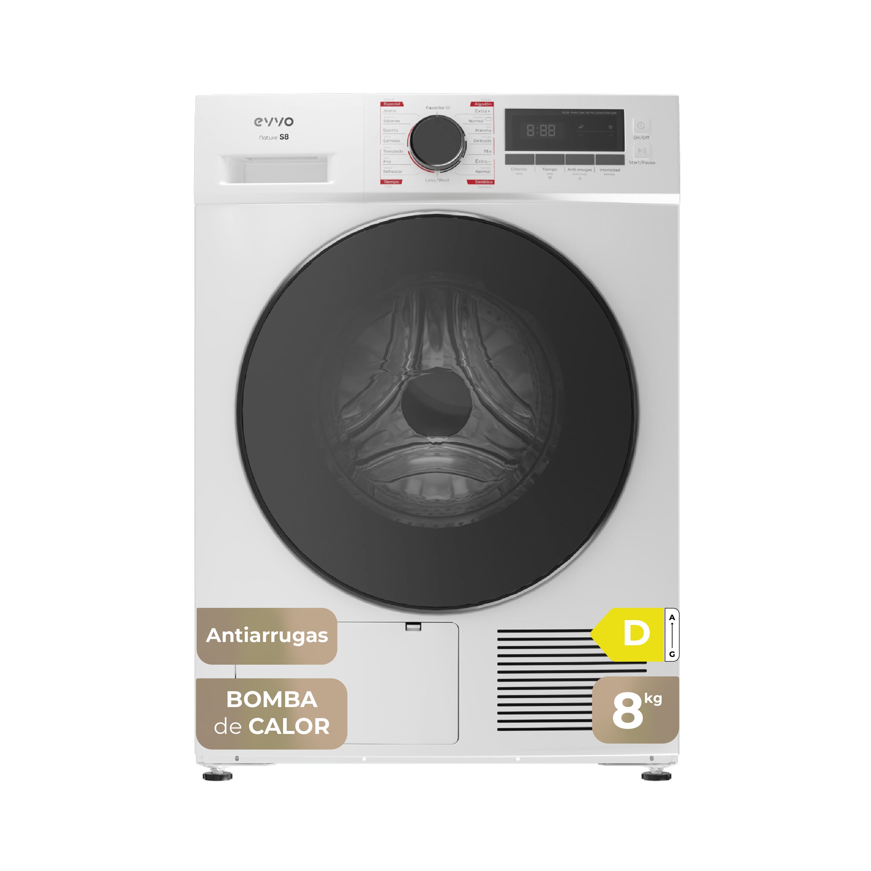 EVVO Secadora kg bomba de calor S8, Clase energética D, Airfresh
