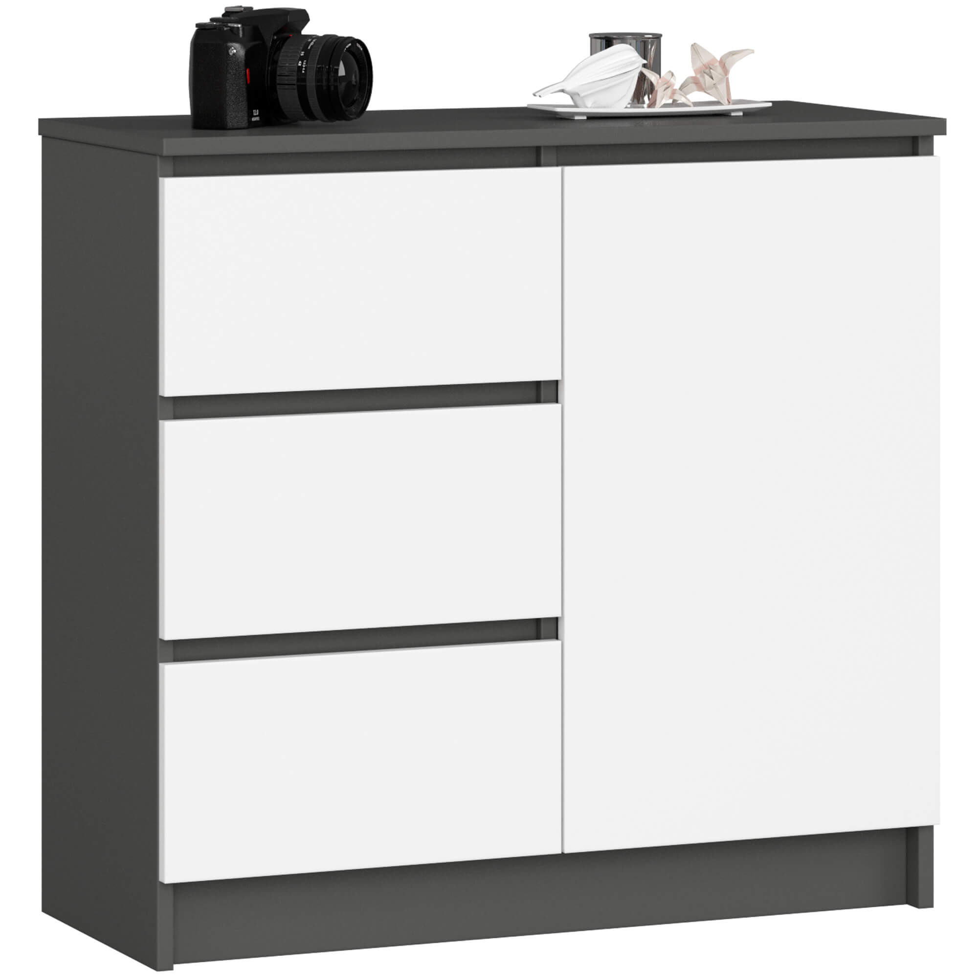Komoda AKORD JERRY Grafit Szary 80 cm 1 drzwi 3 szuflady kolor Biały mat 2 półki 80x35x77 cm