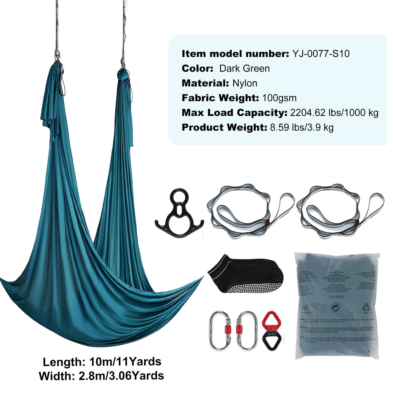 Balançoire aérienne en soie SucceBuy 11 m hamac nylon 100 g/m², montage facile, , musculation, antigravité, vert - 9