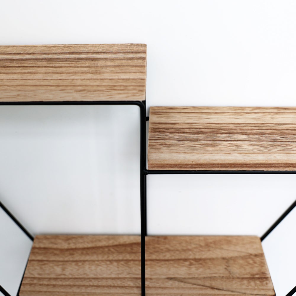 Etagère murale en métal noir - 3 planches en bois - Hexagonal - 48x55x10 cm - 5
