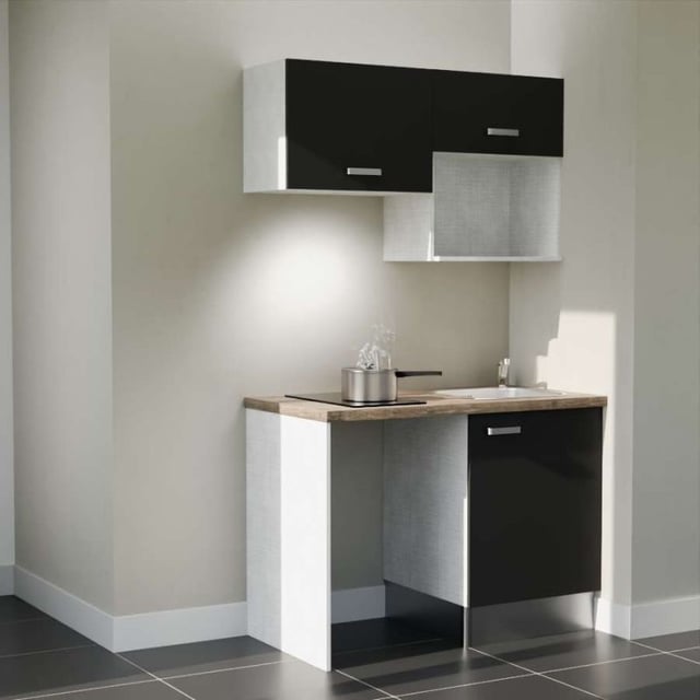 Kitchenette K02L-PT - 120 cm avec plan de travail et évier - Façade Noir - Plan Bois - Evier Inox - Crédences Non