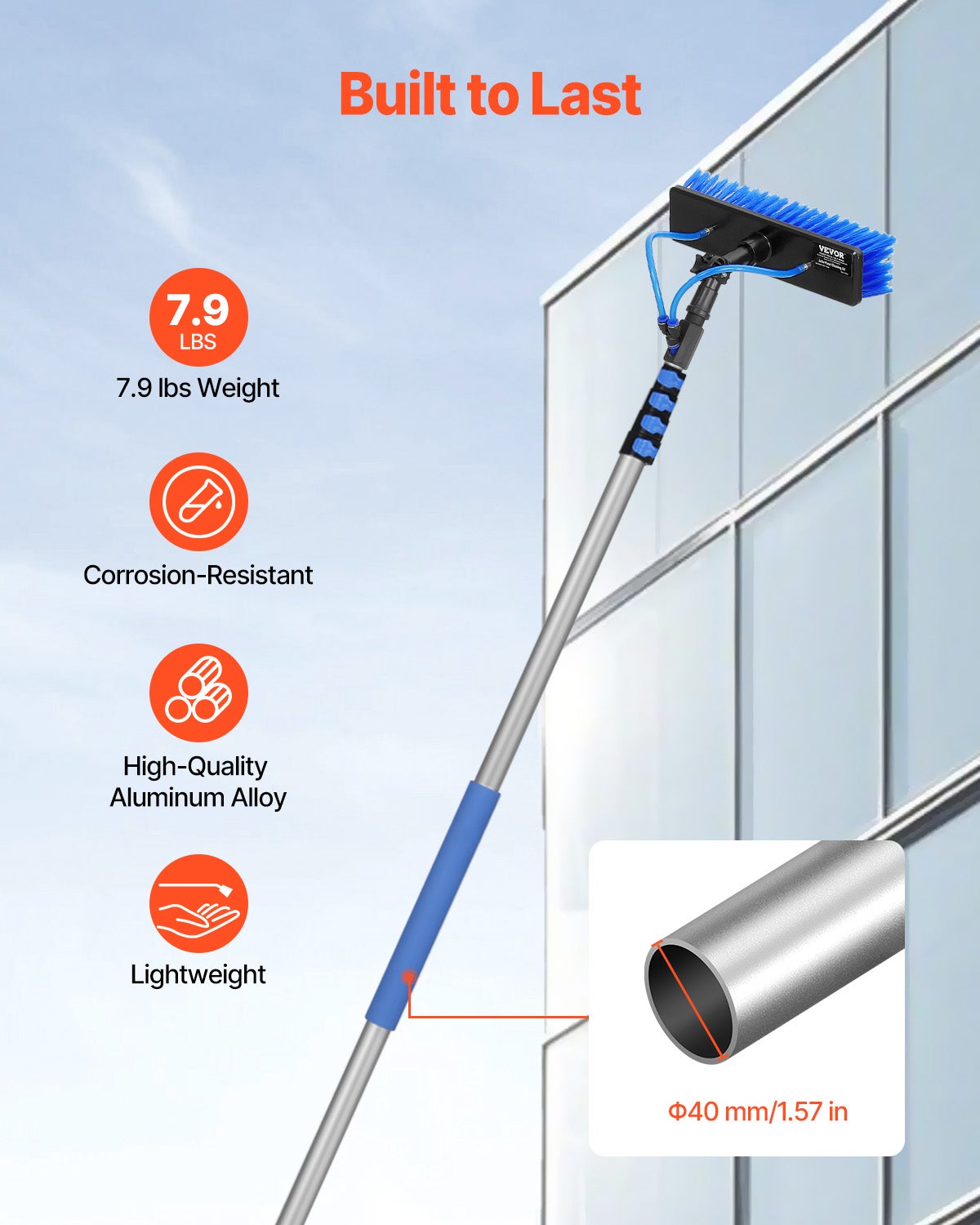 Kit perche télescopique VEVOR 7,3 m,brosse PP rotative 180°,tuyau 20 m,outil nettoyage panneaux solaires/vitres alimenté eau - 5