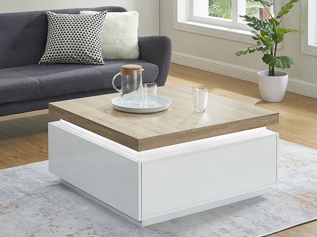 Ława HALO II – 2 szuflady – lakierowany MDF – oświetlenie LED – kolor: biały i dębowy