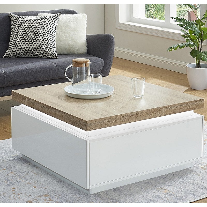 Ława HALO II – 2 szuflady – lakierowany MDF – oświetlenie LED – kolor: biały i dębowy