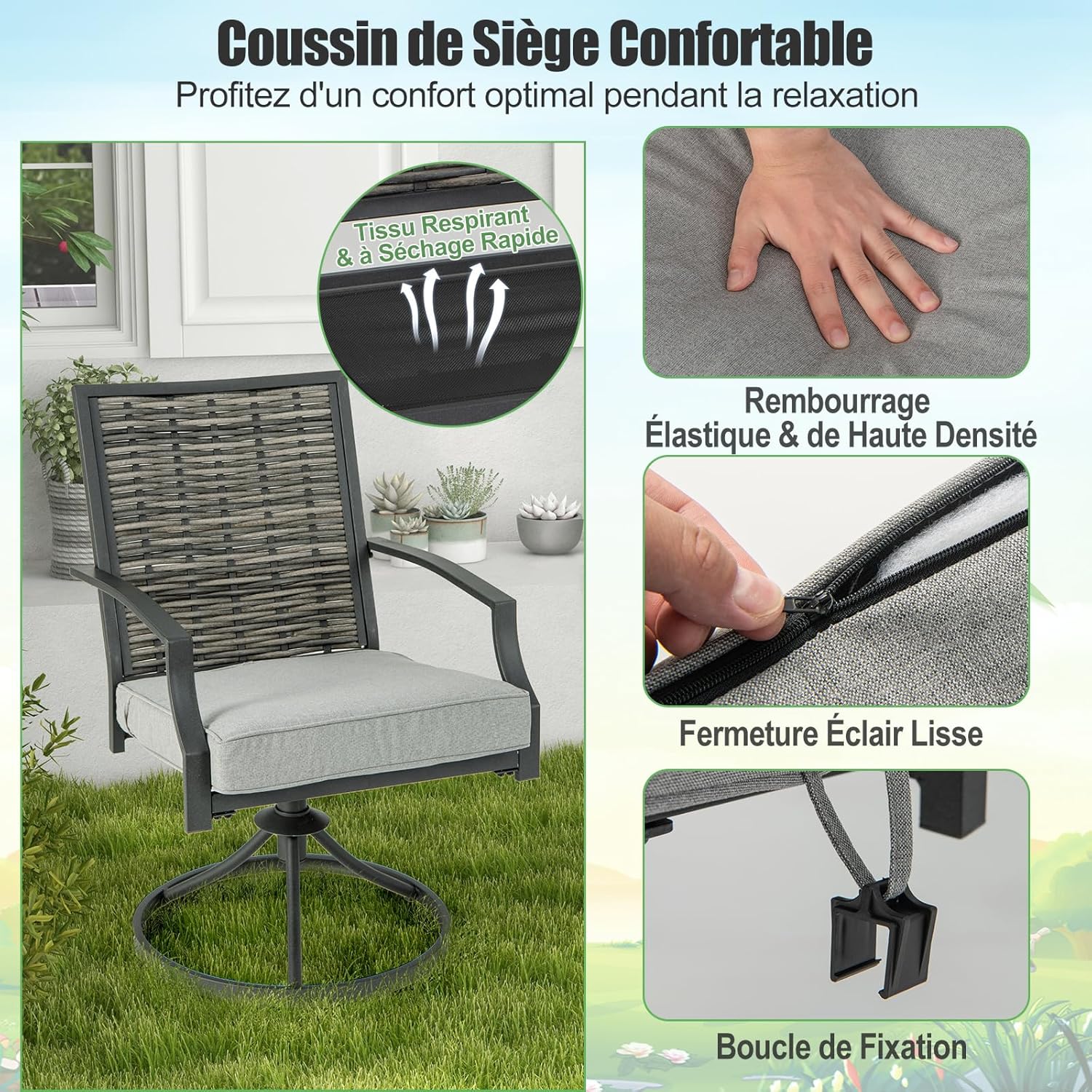 Set Salotto da Giardino in Rattan PE, Set da Esterno con 2 Poltrone Girevoli, 2 Cuscini e Tavolo, Set Attedo Giardino Struttura in Ferro, per - 6