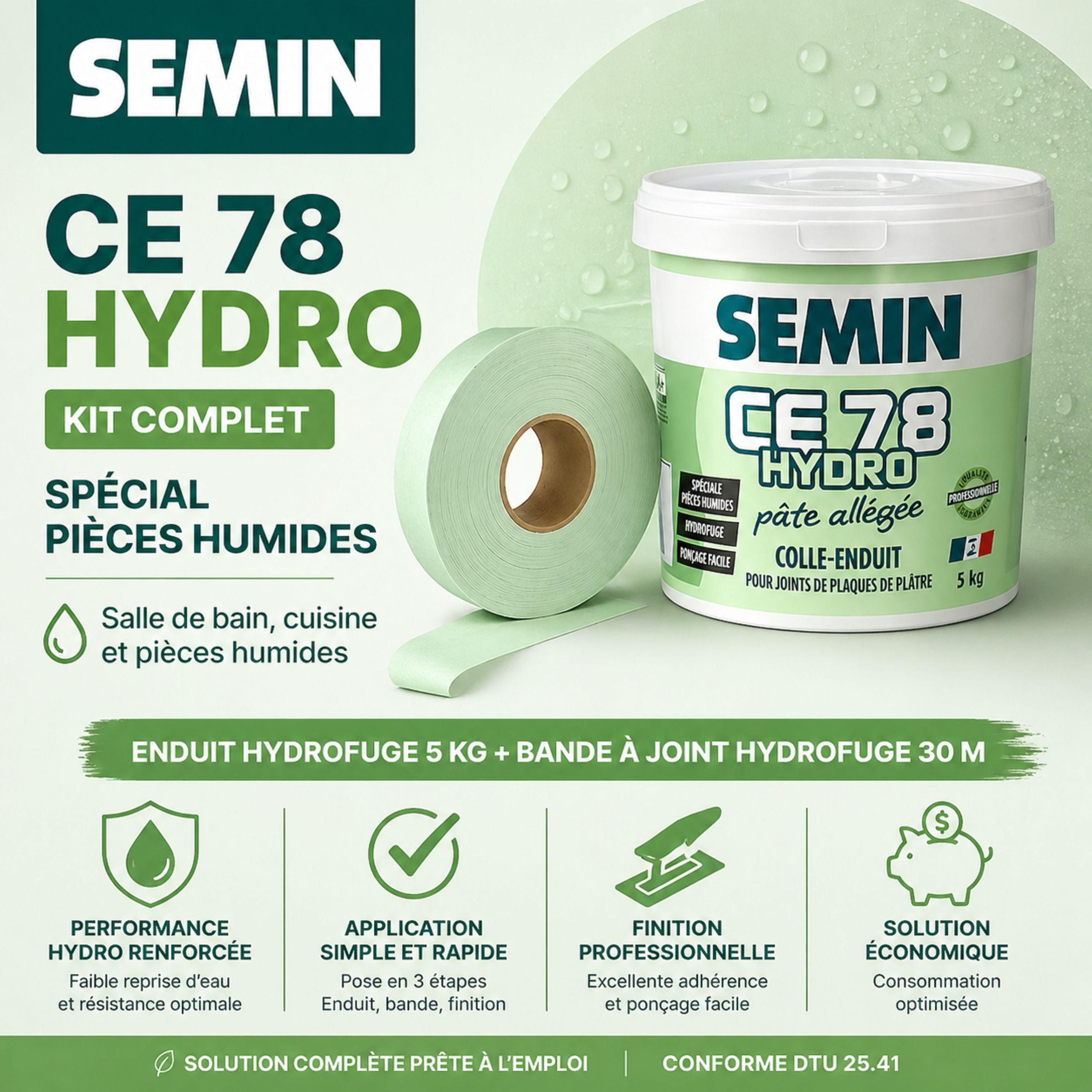 SEMIN Pack Hydro plaques de plâtre - Enduit CE 78 Hydro Pot de 5kg + Bande à Joint Hydro 30 m - Spécial pièces Humides - 10 m² - 2