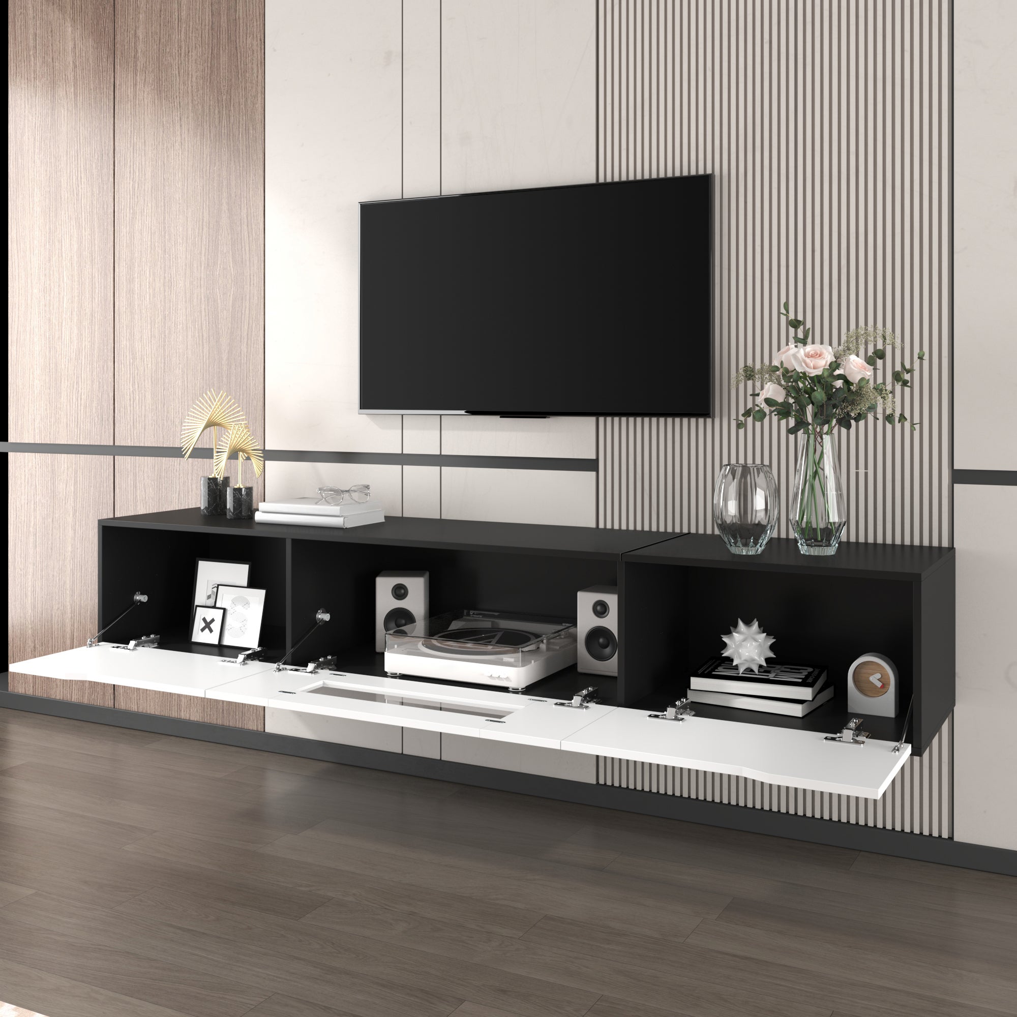 Nowoczesna szafka pod telewizor 180 x 35 x 30 cm - do montażu na ścianie/wolnostojąca - z oświetleniem LED i portami USB - płyta MDF - czarny - 8