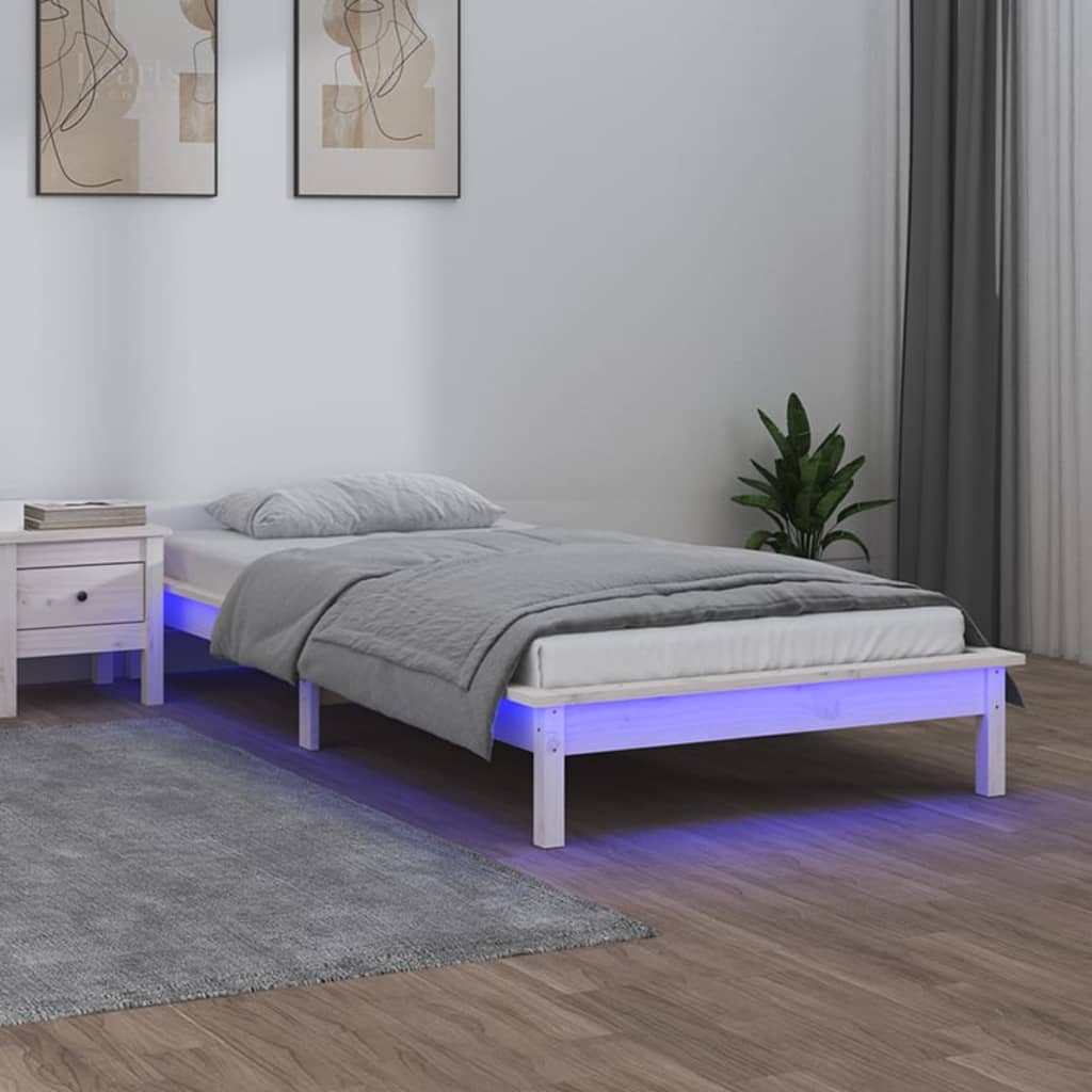 Rama łóżka z LED, biała, 90x190 cm, pojedyncza, lite drewno
