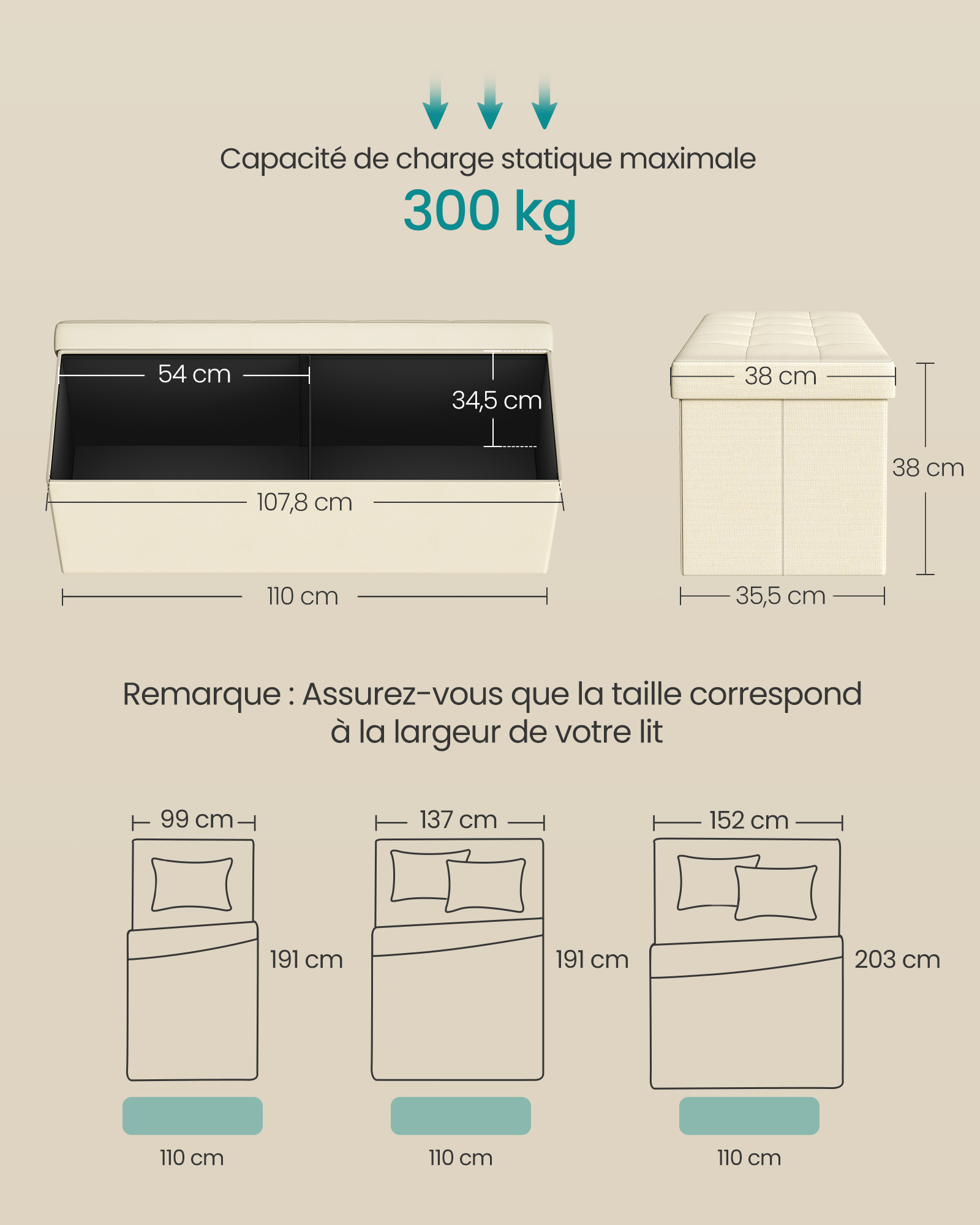 Banc de Rangement Pliable de 110 cm, Coffre de Rangement, Tabouret Repose-Pieds, Pouf de Chambre, Beige - 5