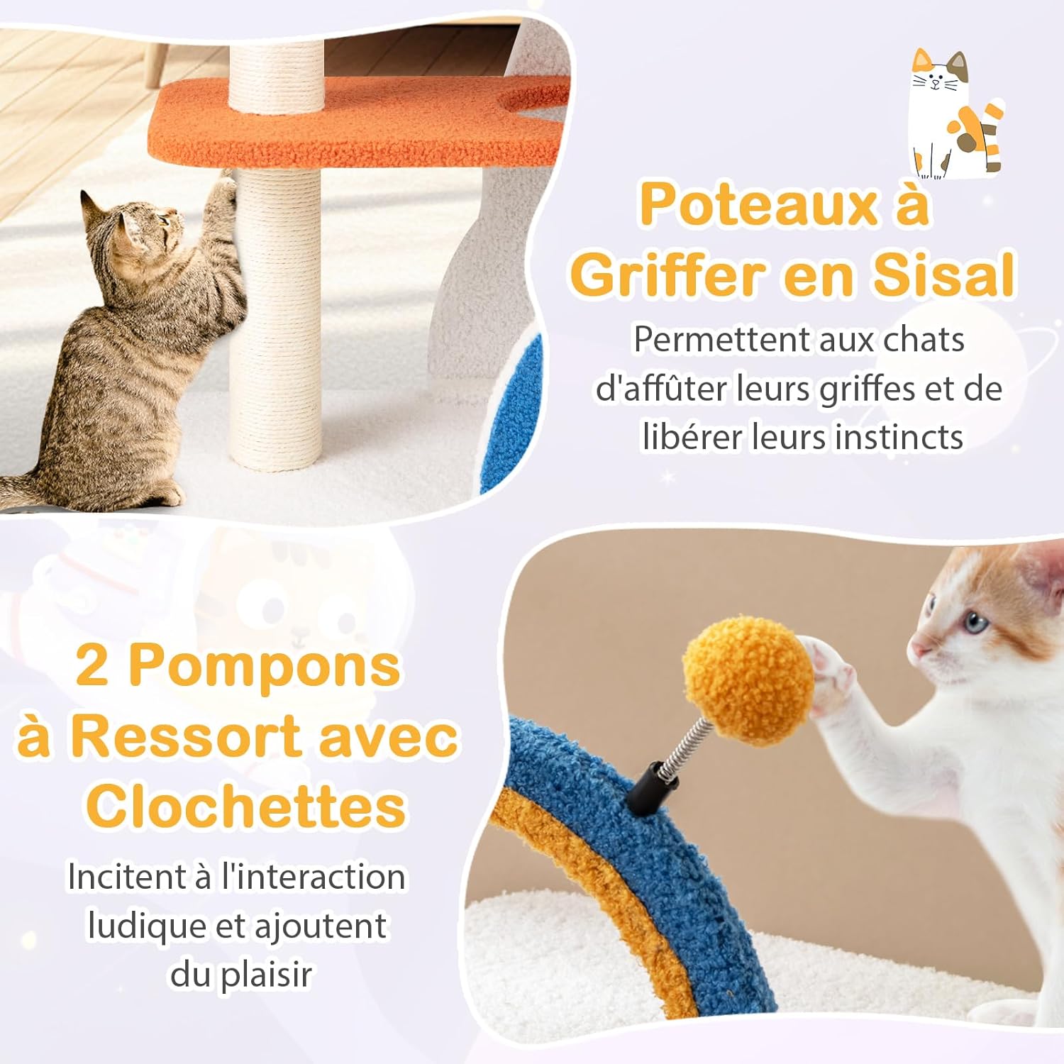 Tiragraffi per Gatti a Tema Spaziale, Albero per Gatti con Piattaforma a UFO e Pali in Sisal, Torre per Animali Domestici Interno (80 x 33 x 8 - 7