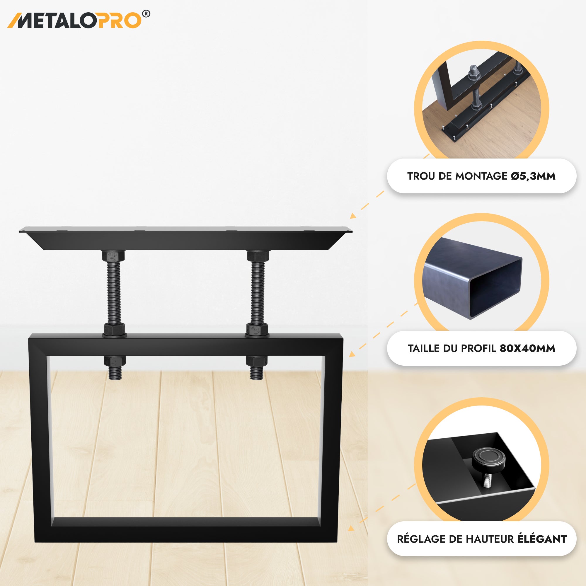MetaloPro Pieds de Table en Métal Noir avec Réglage en Hauteur - Set de 2 - 2