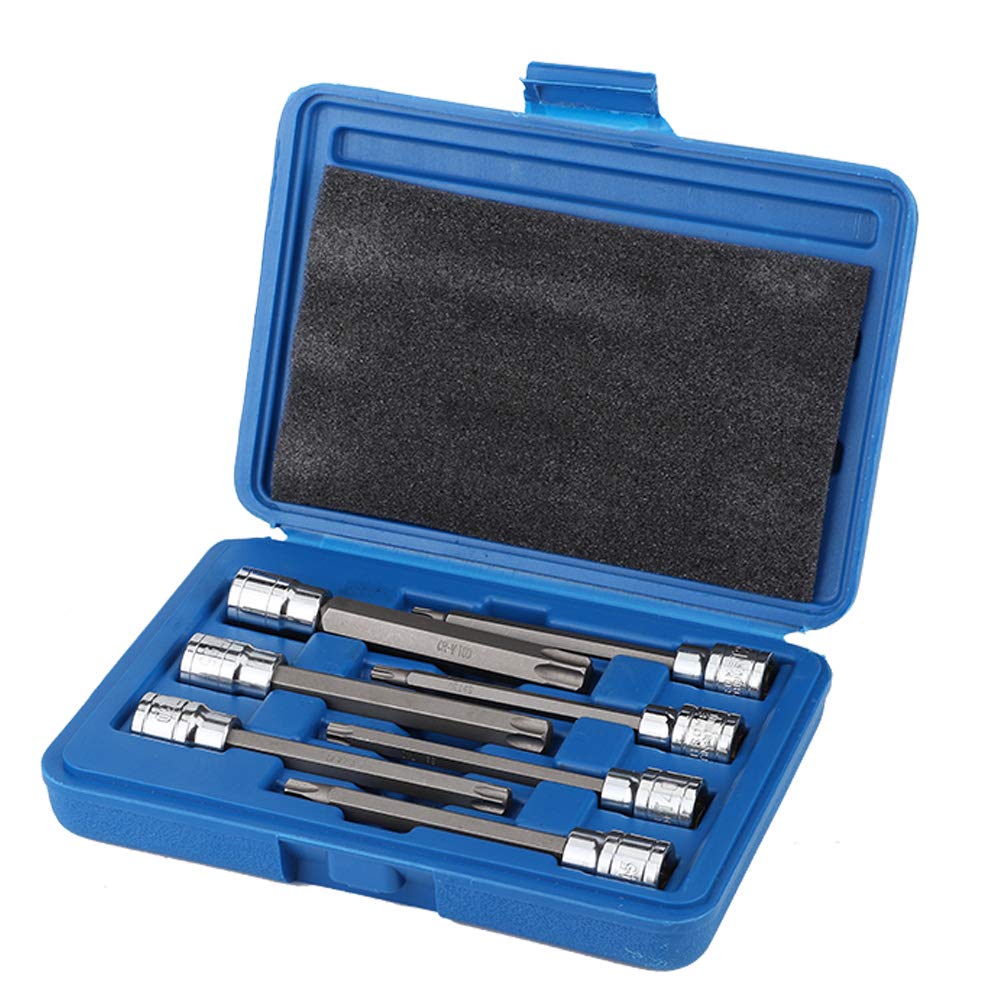 Zestaw 7 profesjonalnych, bardzo długich kluczy nasadowych Torx 3/8", T25, T30, T40, T45, T50, T55, T60, nasadki z końcówką, w niebieskiej walizce