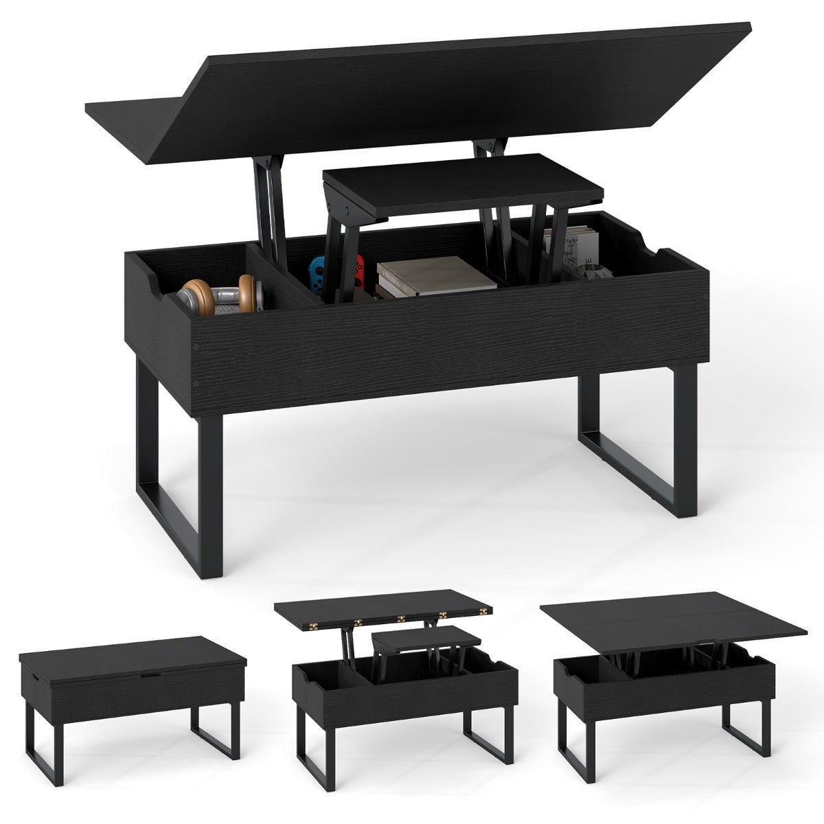 Essenza Mesa De Centro Convertible 3 En 1 Con Tapa Elevable Y 3 Compartimentos Ocultos De Madera Para Sala Estar Oficina Negro , Leroy Merlin