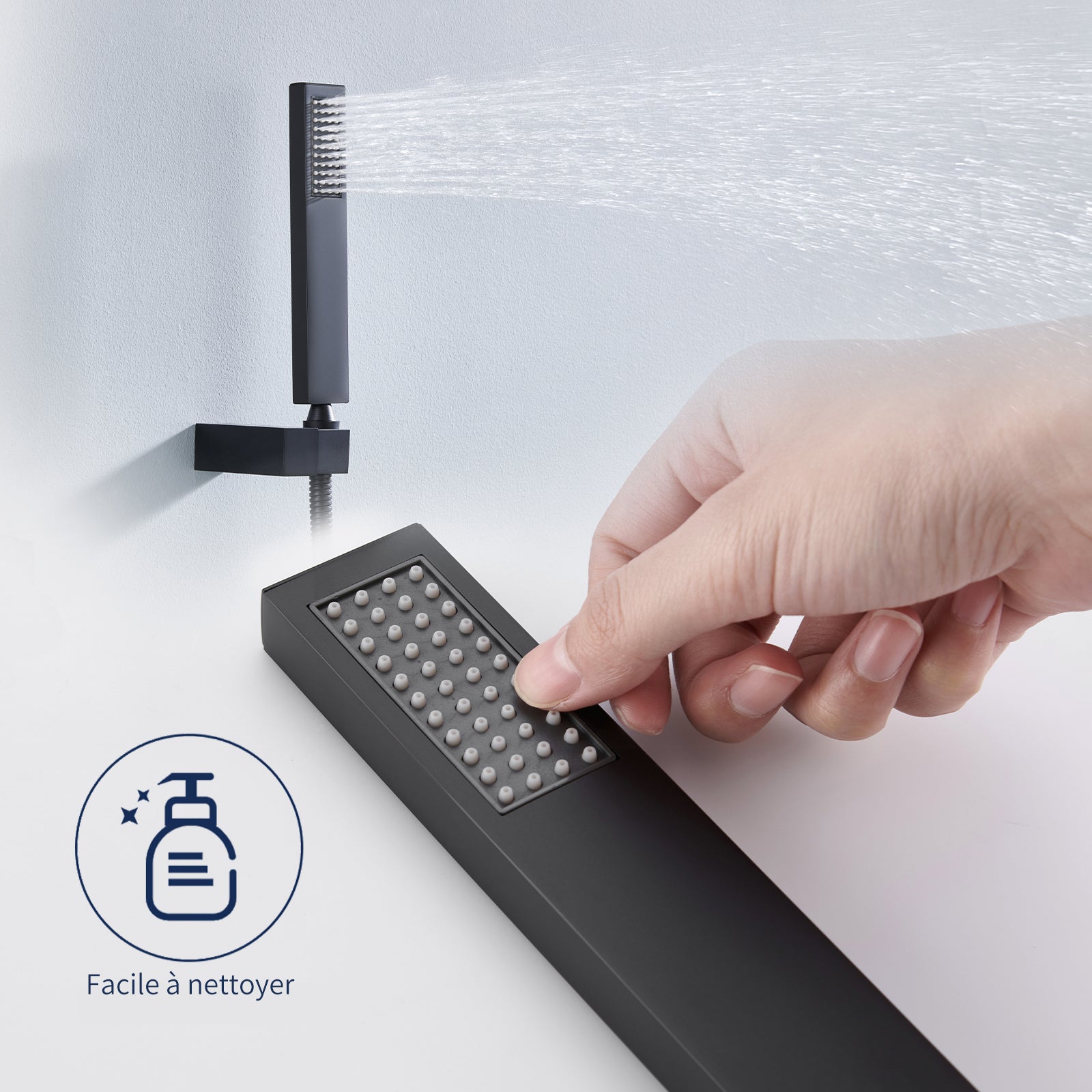 Mitigeur de Baignoire Cascade en Laiton Noir Mat - Robinet Mural Économiseur d'Eau avec Grand Sortie d'Eau, Douchette à Main et Flexible - 6