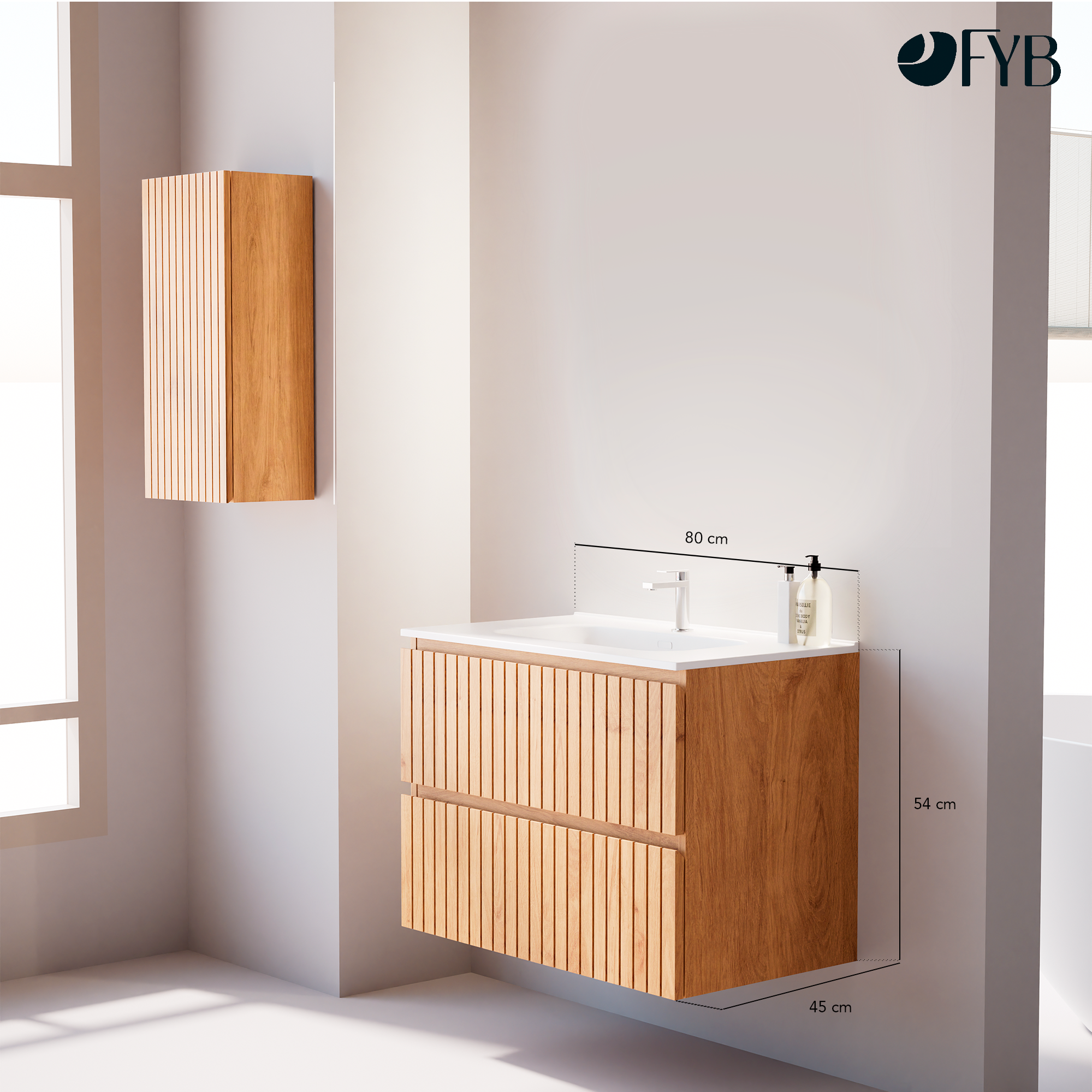 Feel Your Bath, Mueble Suspendido 80 cm, Color Roble Nórdico con 2 Cajones Soft Close y Encimera de Cerámica Blanca Integrada – Serie TIGER - 3