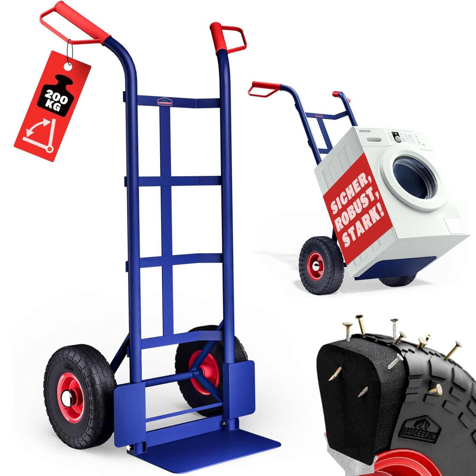 DASCK - Carretilha Dobrável com Rodas Pneumáticas, Plataforma Reforçada, Carga Máxima 200 kg, Azul, Pegas Ergonômicas - 3