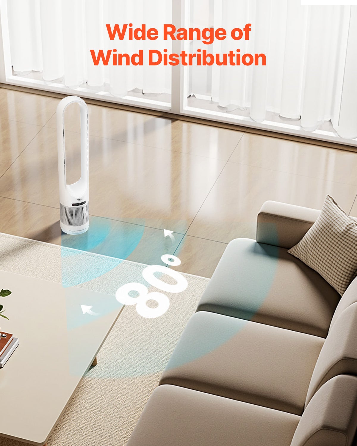 Ventilateur Tour sans Pales, Ventilateur Sol 15,4 pi/s, 8 Vitesses, Oscillation 80°, Minuterie 8h, Filtration HEPA H13, Télécommande VEVOR - 5