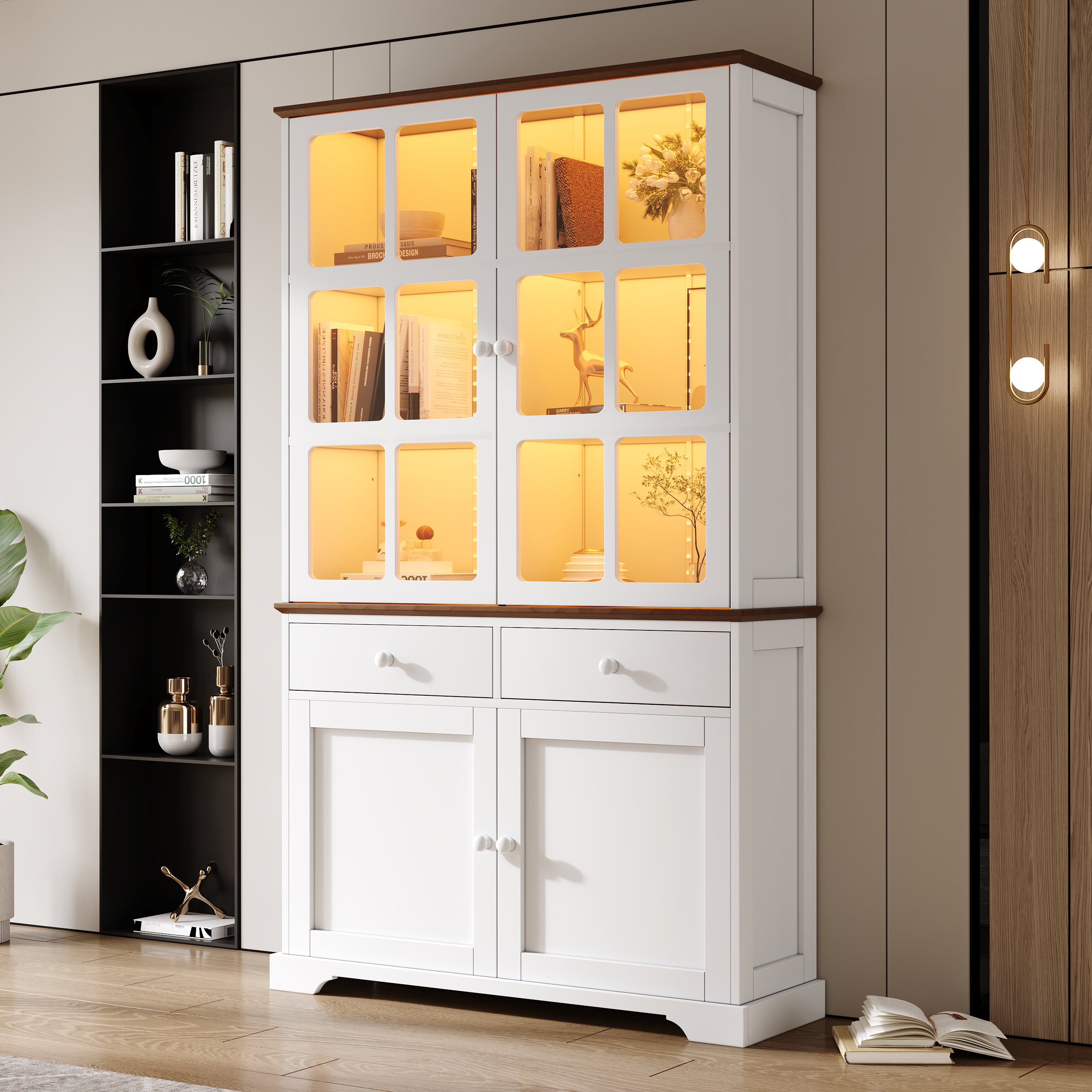 Witryna z 4 drzwiami i 2 szufladami - 120 x 36,5 x 200 cm - diody LED - płyta MDF i szkło - biała