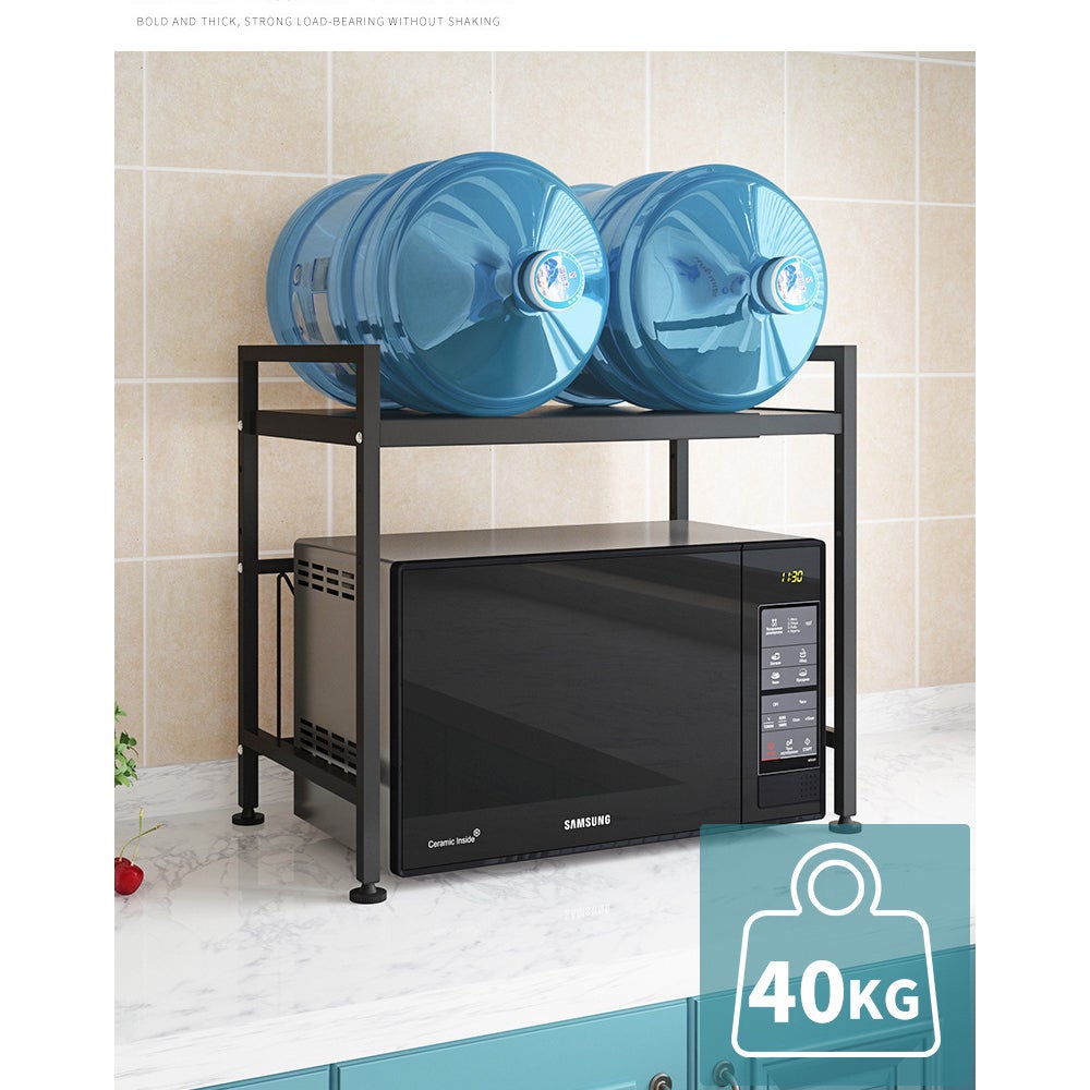 Meuble Rangement de Cuisine Support Four Micro-Ondes Extensible en Hauteur & Largeur - Noir, Acier au Carbone, 2 Niveaux d'étagère, 6 Crochets - 10