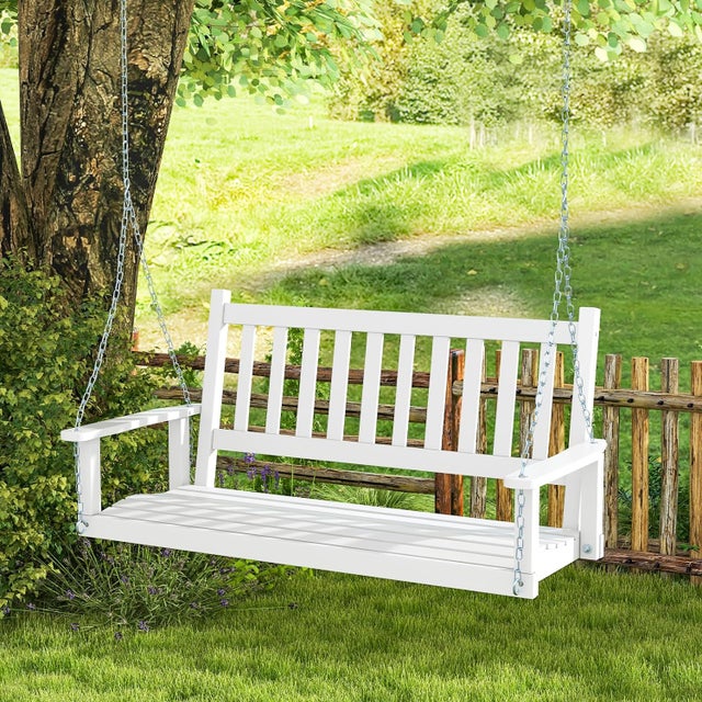 Huśtawka Ogrodowa 2/3-Osobowa, Krzesło Hamakowe z Drewnianym Siedziskiem i Regulacją Łańcuchów, 230/360 kg (136 x 67 x 63 cm, Białe)