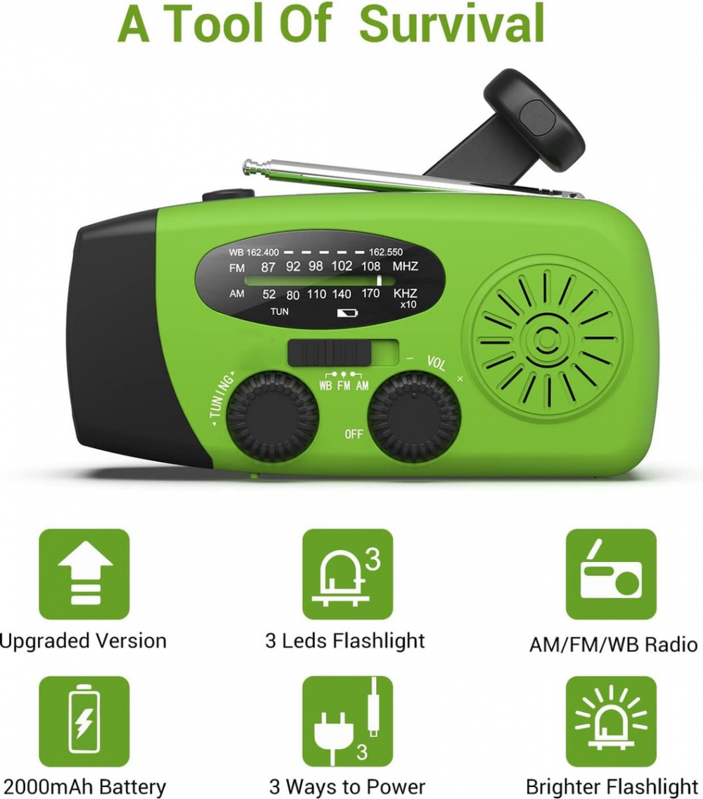 Przenośne radio awaryjne – Power Bank 2000 mAh – Radio awaryjne zasilane bateryjnie (ładowalne) – Na kemping i na wypadek klęsk żywiołowych – Zielone - 2