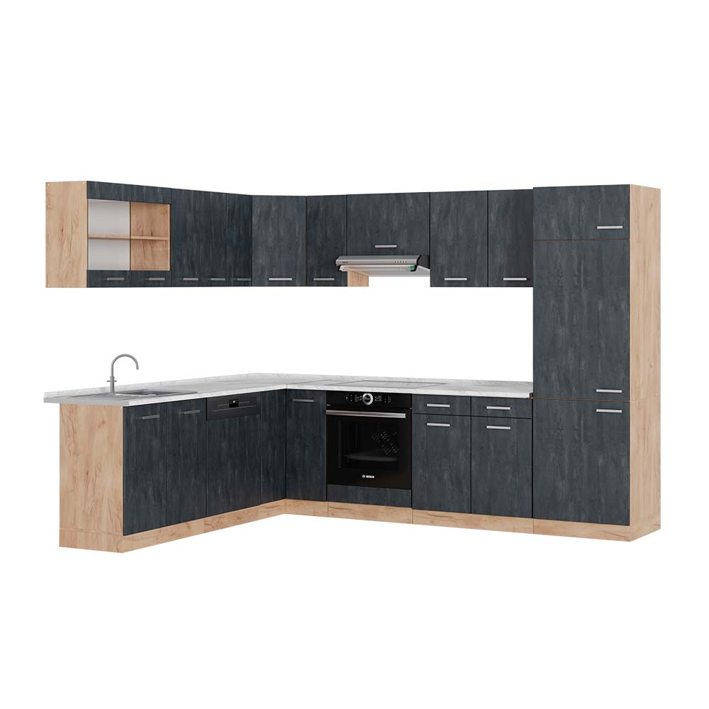 Vicco Kogoszczona kuchnia R-Line, Czarny beton/złoty dąb, 287 x 60 cm BP Marmur