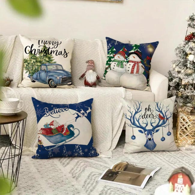 Set Di 4 Federe Per Cuscini Natalizie In Lino Di Cotone 40x40 Cm – Decorazioni Con Babbo Natale E Albero Per Divano E Soggiorno
